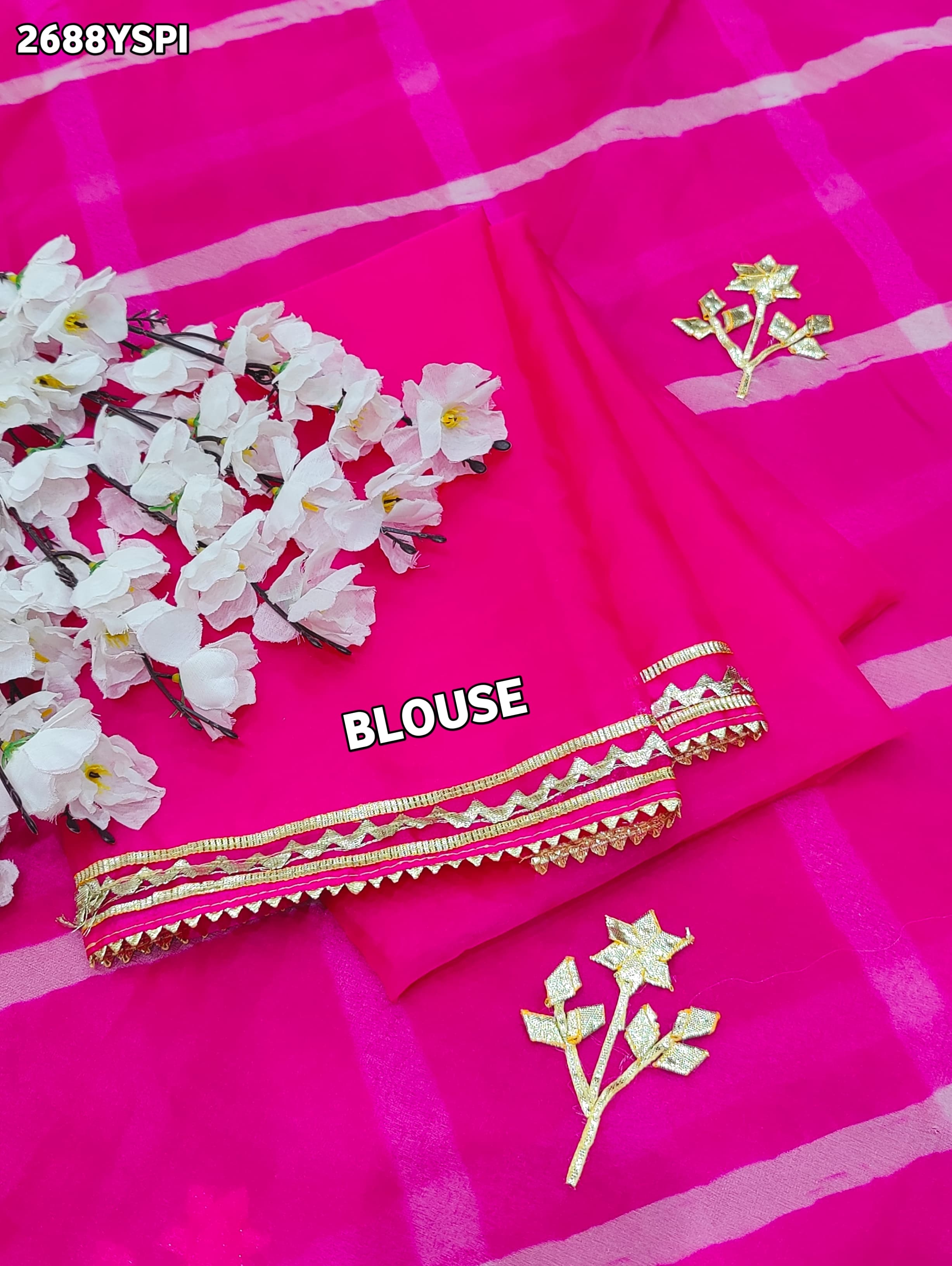  Pink saree with gold patterns  Organza Leheriya Style With Gotapatti Work 