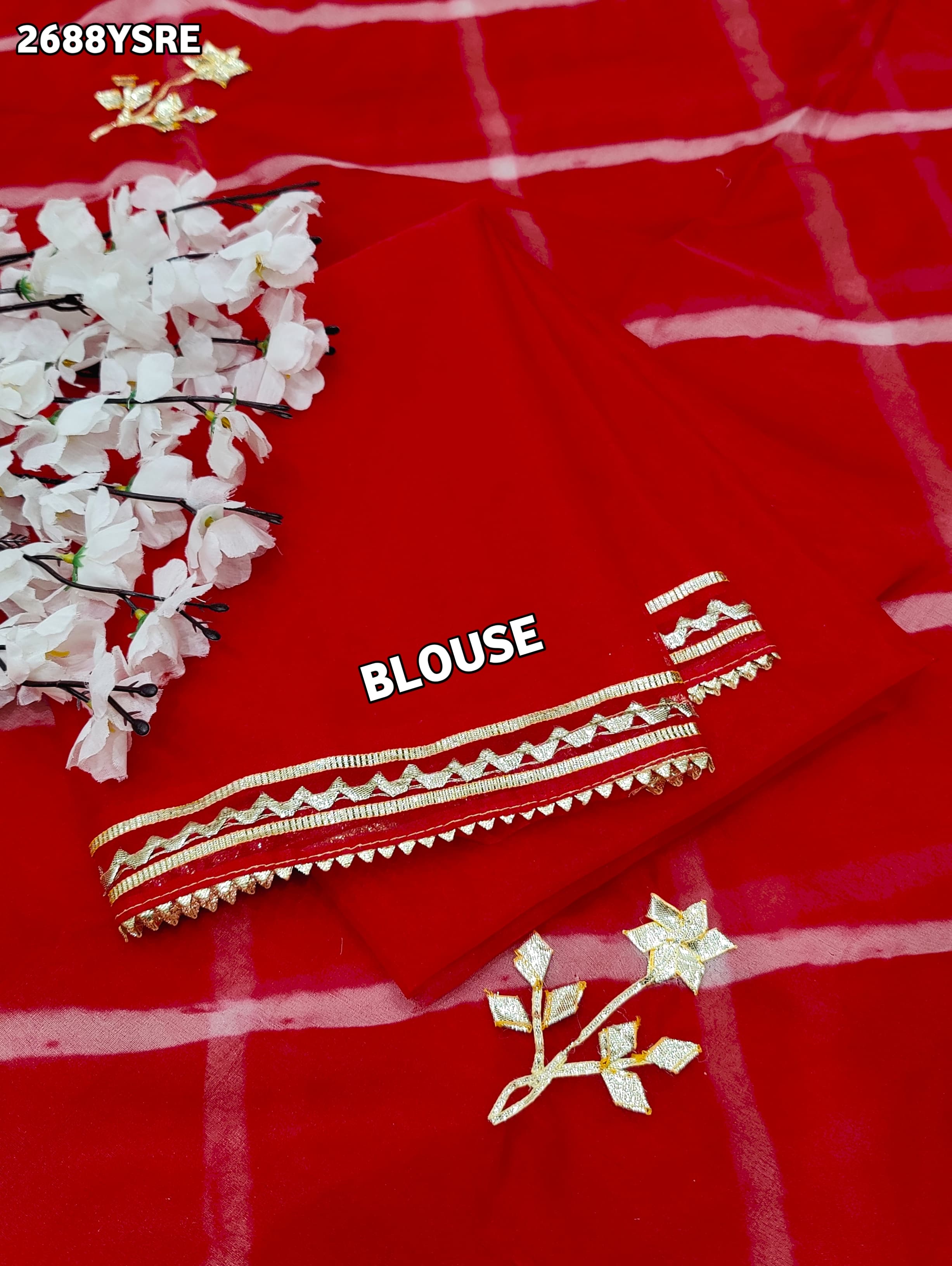 Red saree with gold patterns   Organza Leheriya Style With Gotapatti Work 