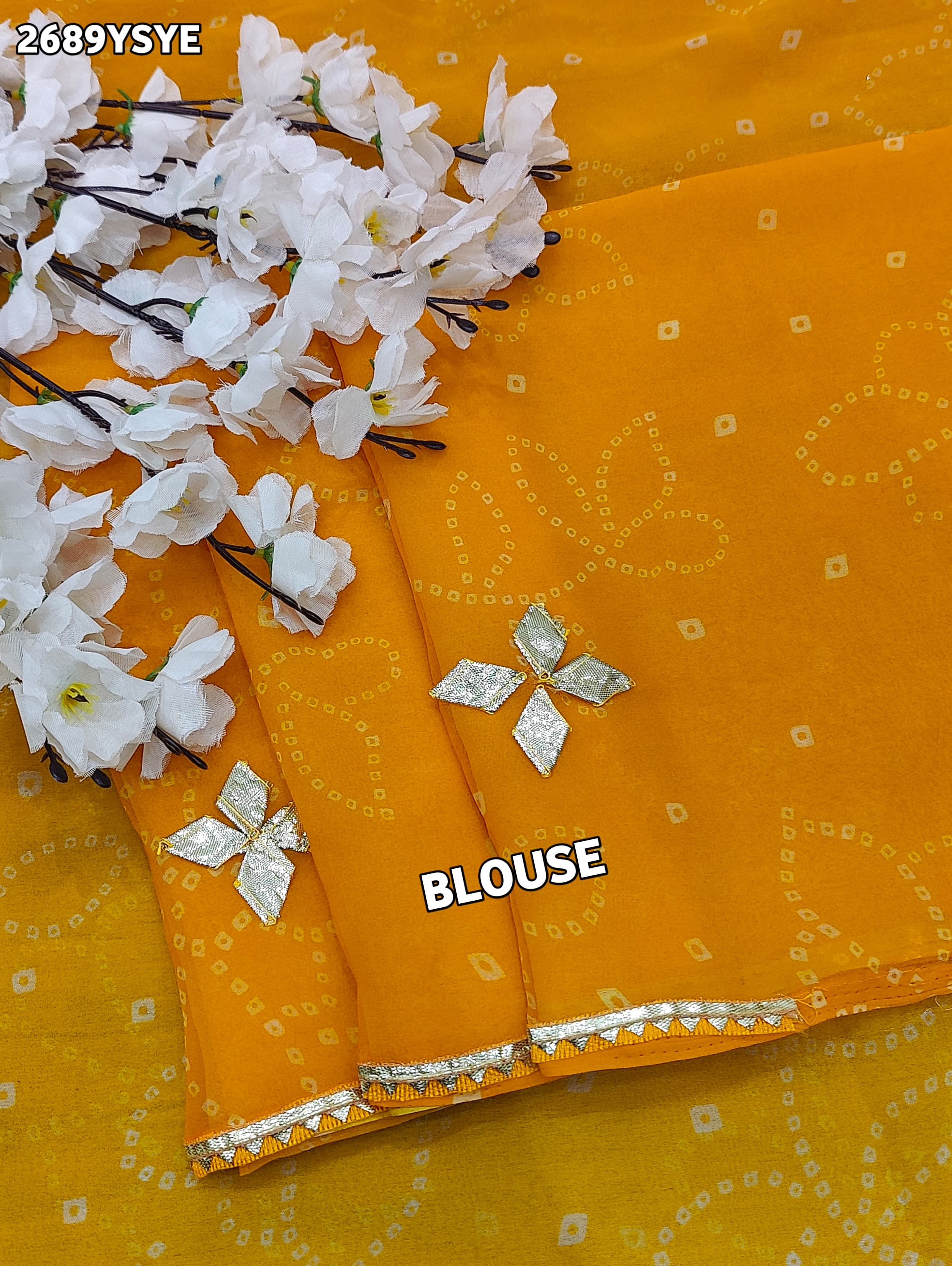  Yellow saree with white patterns  Chiffon Bandhani Style With Gotapatti Work Saree