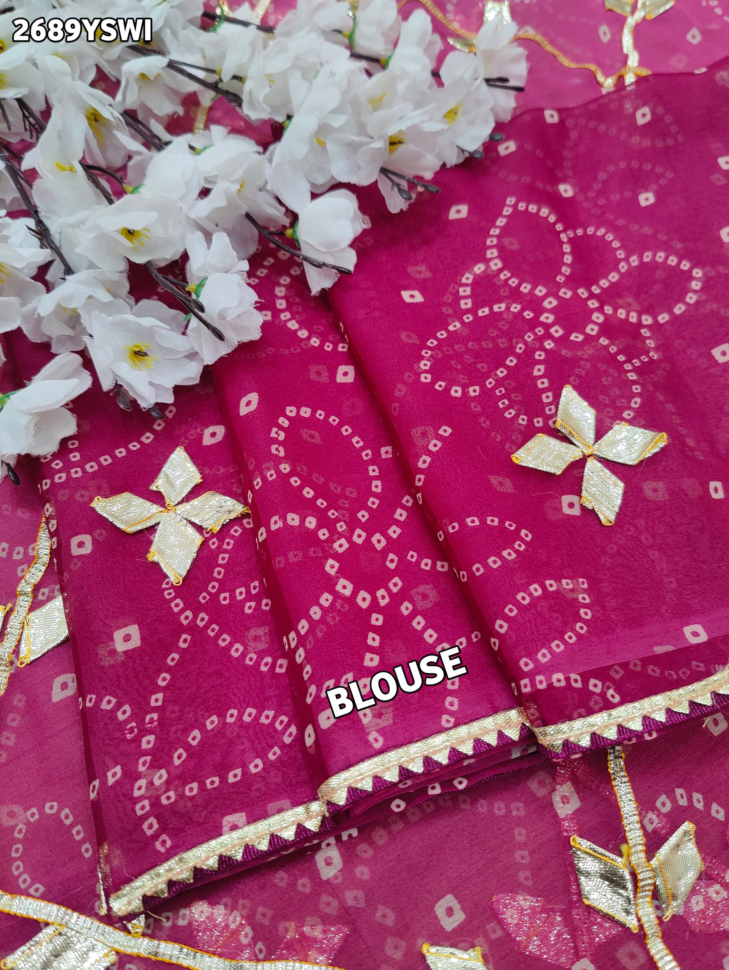 Wine saree with gold patterns Chiffon Bandhani Style With Gotapatti Work Saree