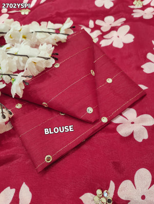 A pink floral saree with white pattern Printed Crepe Silk with Embroidered Mirror Work 