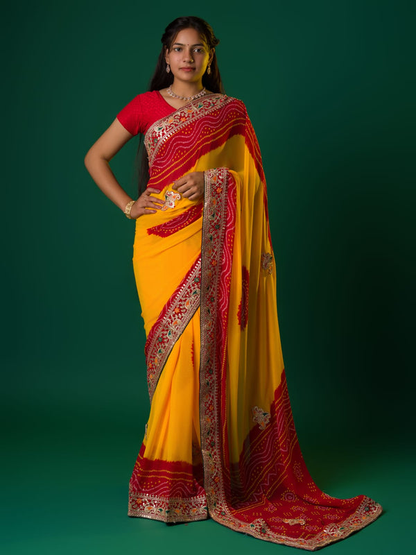 Tanmira New Georgette Gotapatti Work Chunri Pomcha Saree