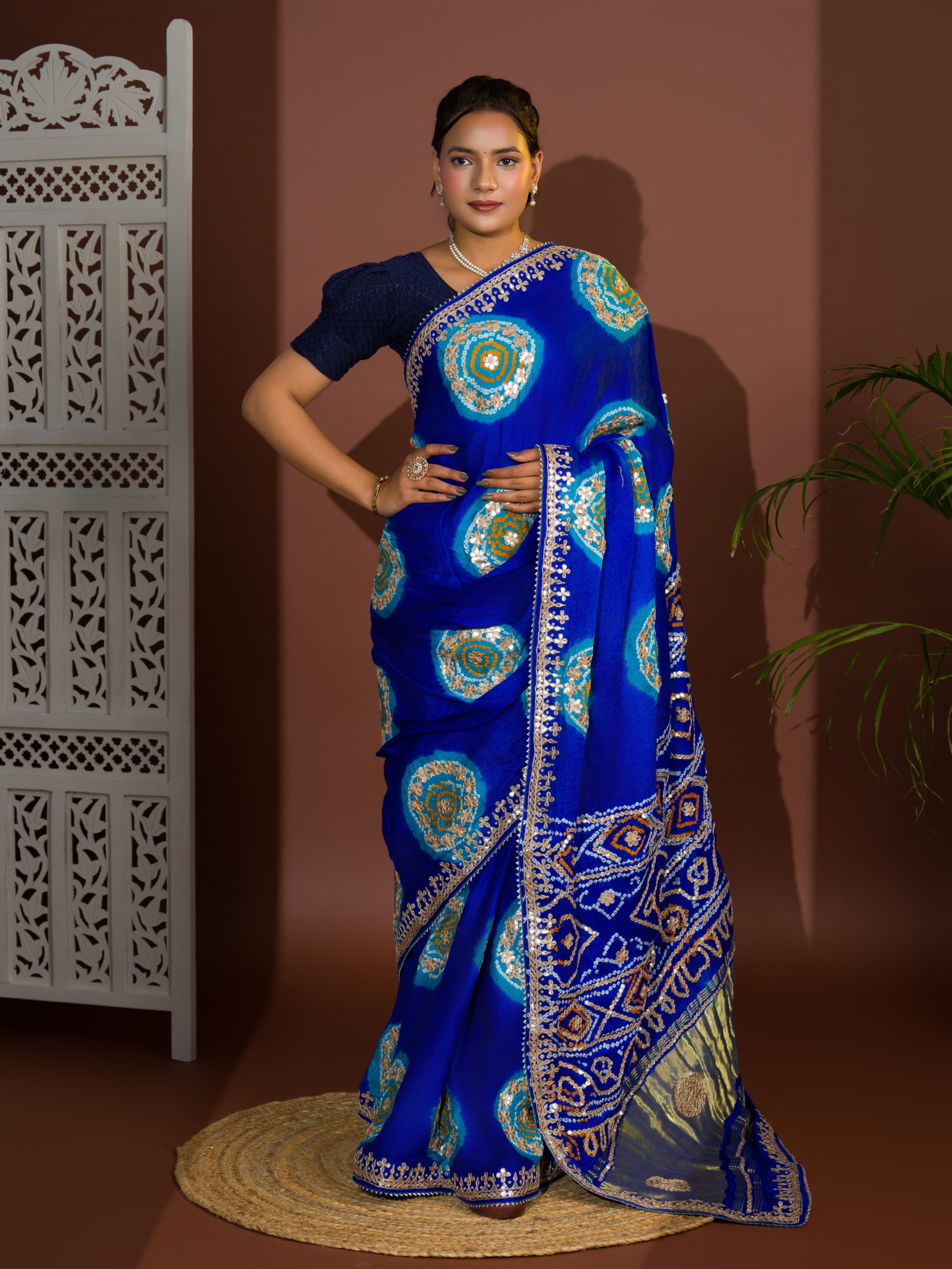 Tanmira Latest New Pure Gaji Silk Handmade Bandhej Gotapatti Laddu Bandhej Saree  Firozi AMT Blue