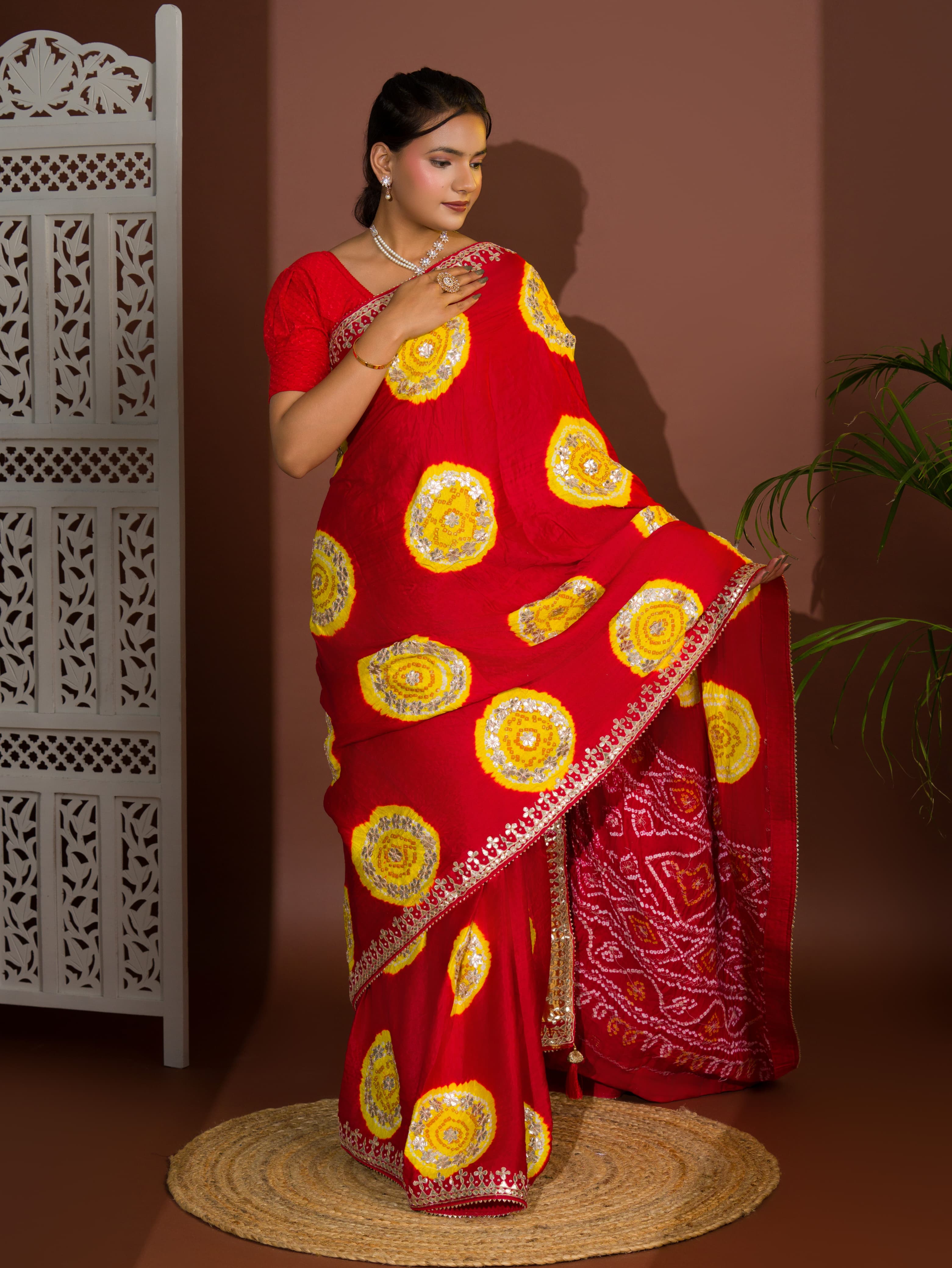 Tanmira Latest Pure Gaji Silk Handmade Bandhej Gotapatti Laddu Bandhej Saree  Red
