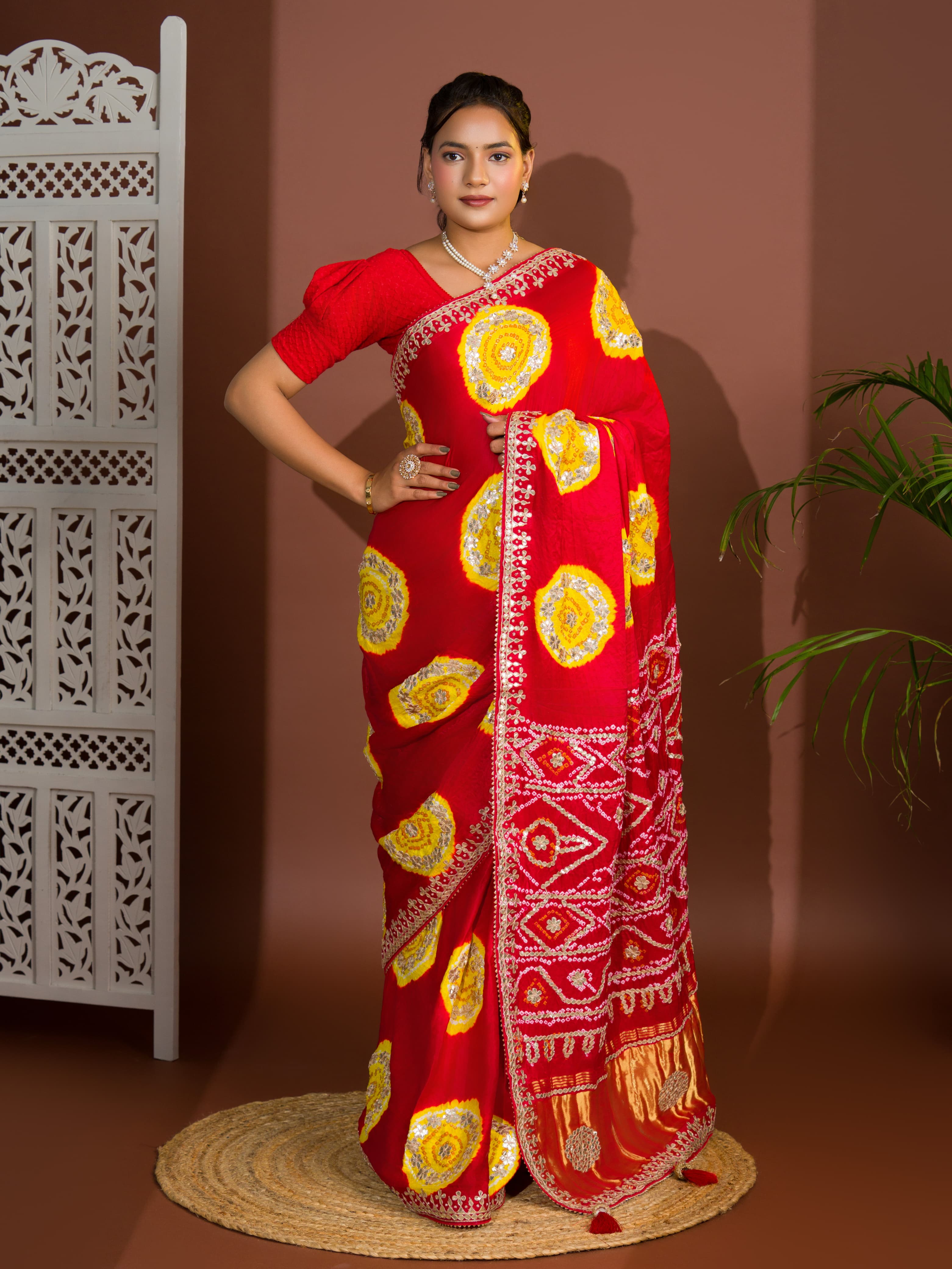 Tanmira Latest Pure Gaji Silk Handmade Bandhej Gotapatti Laddu Bandhej Saree  Red