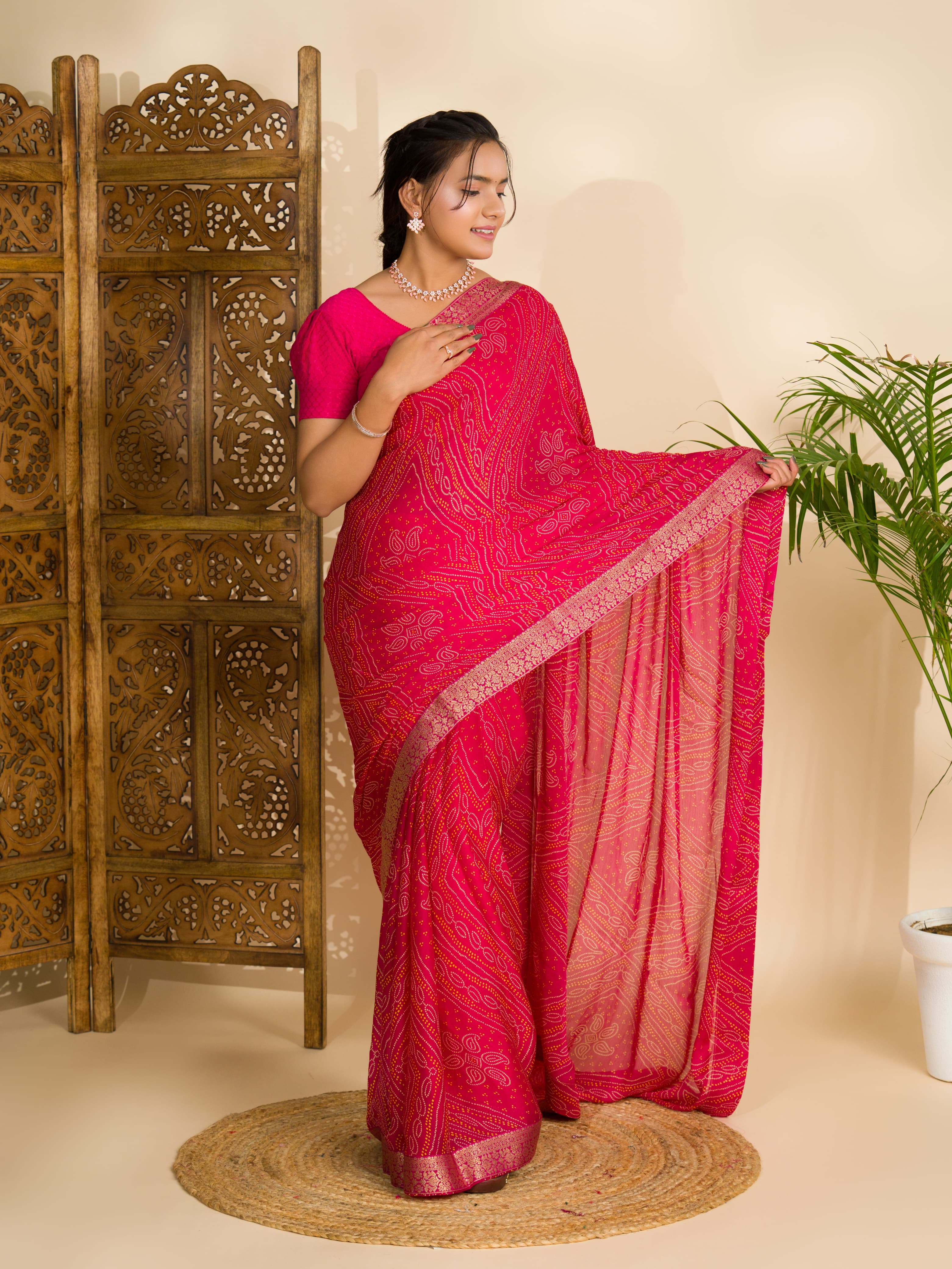 Tanmira Beautiful Moss Chiffon Georgette Bandhani Sarees Rani