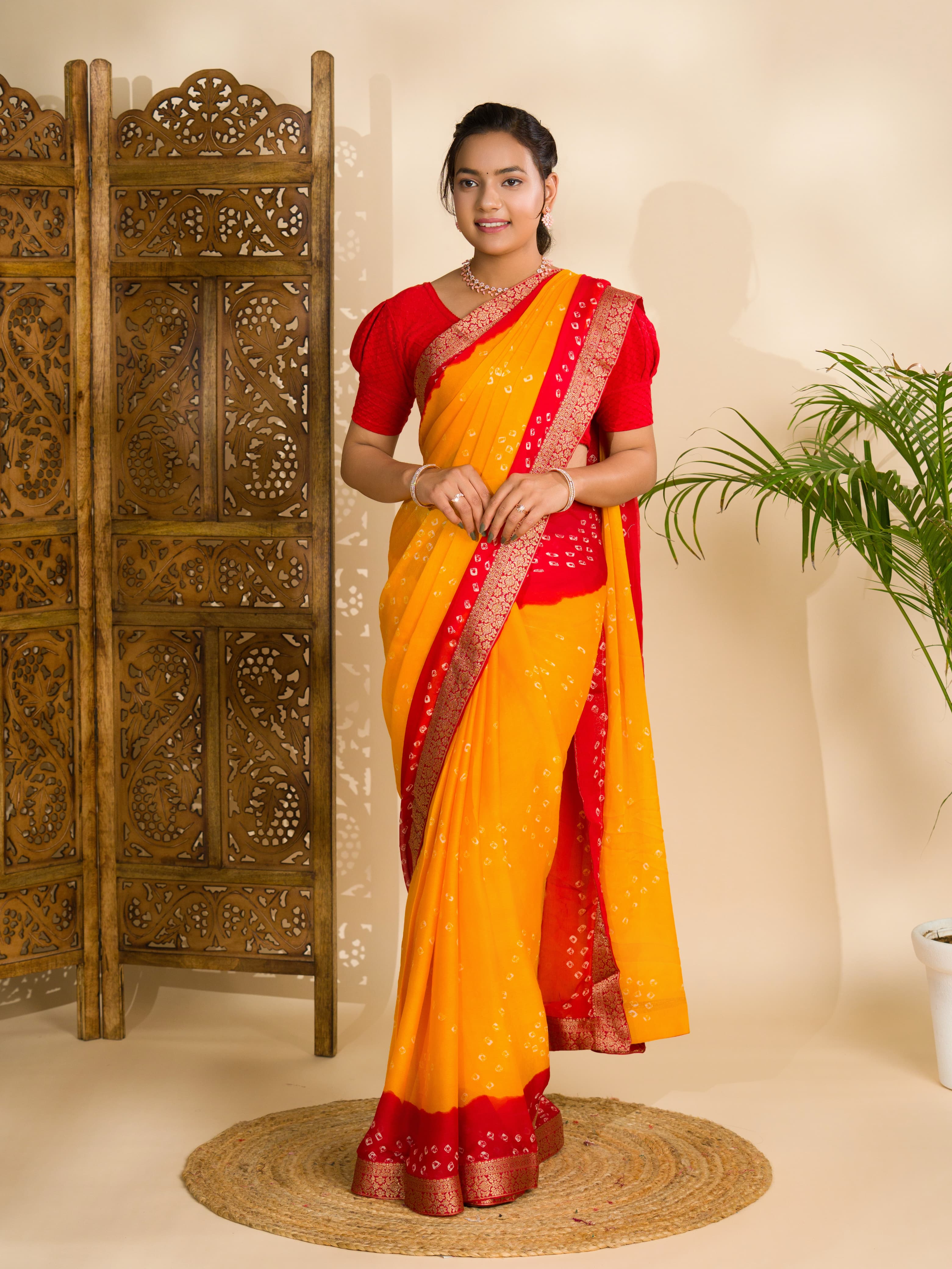 Tanmira New Beautiful Moss Chiffon Georgette Bandhani Sarees Yellow Red