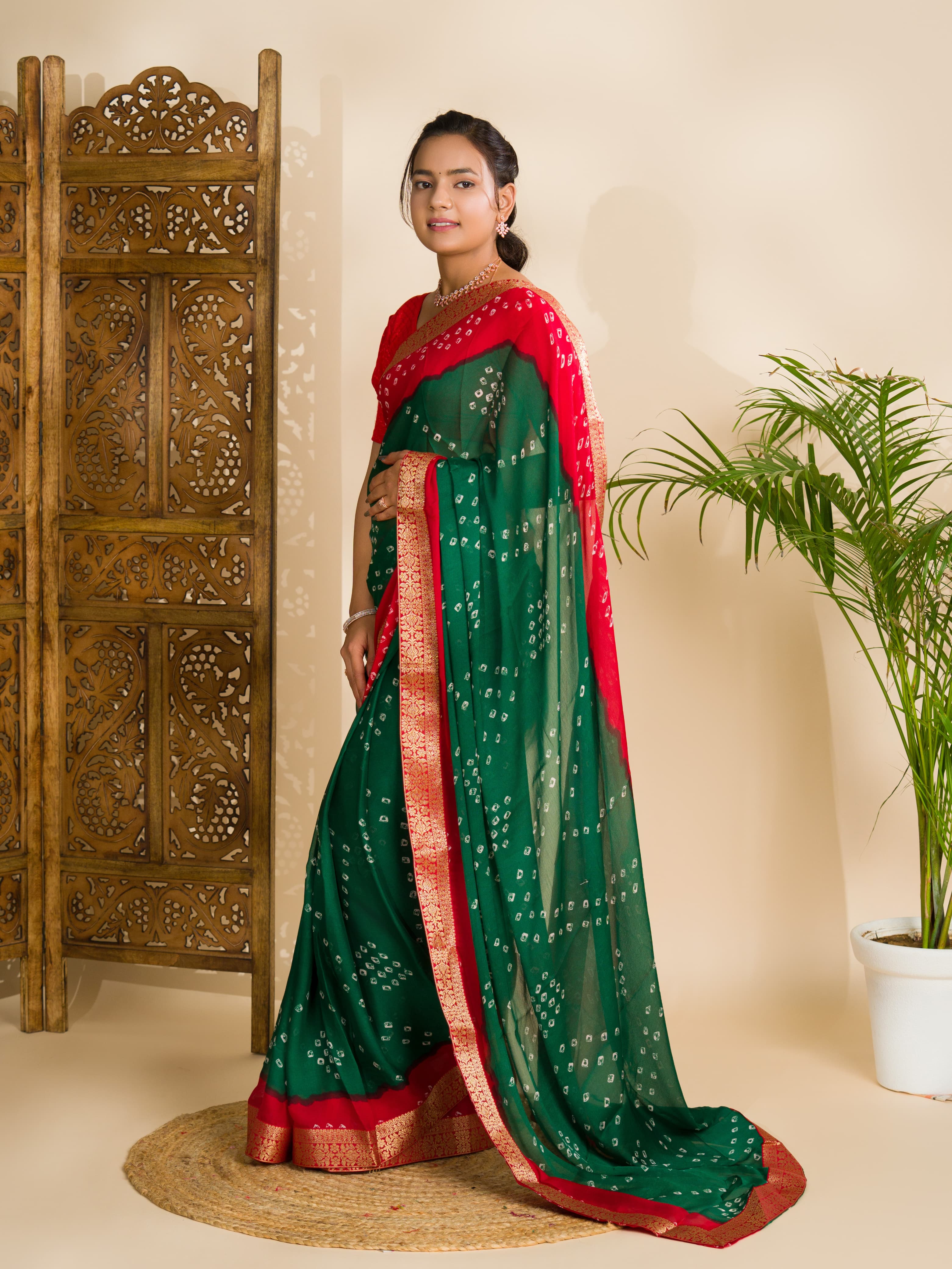 Tanmira New Latest Moss Chiffon Georgette Bandhani Sarees Green Red
