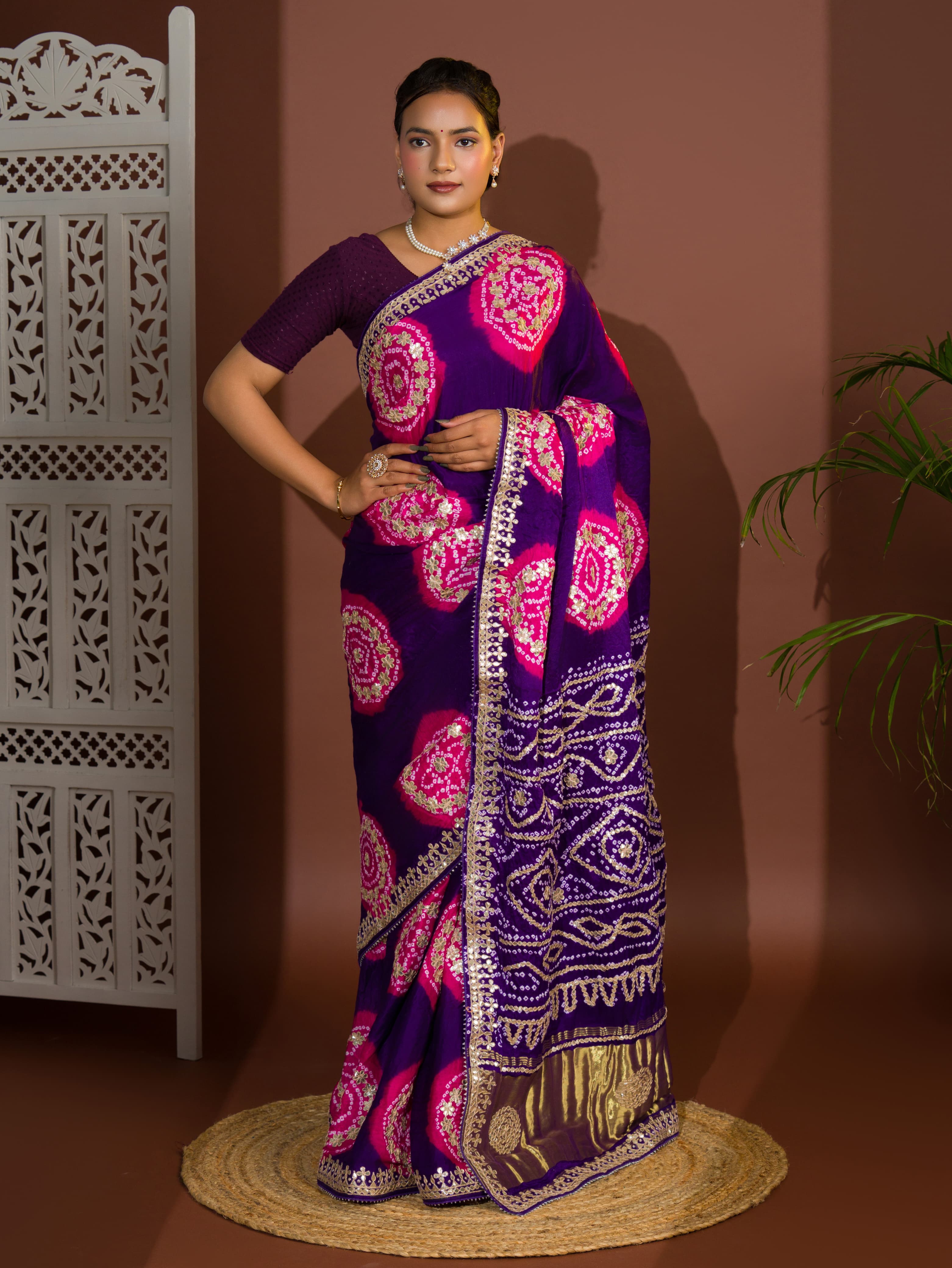 Tanmira Latest New Pure Gaji Silk Handmade Bandhej Gotapatti Laddu Bandhej Saree  AMT Purple