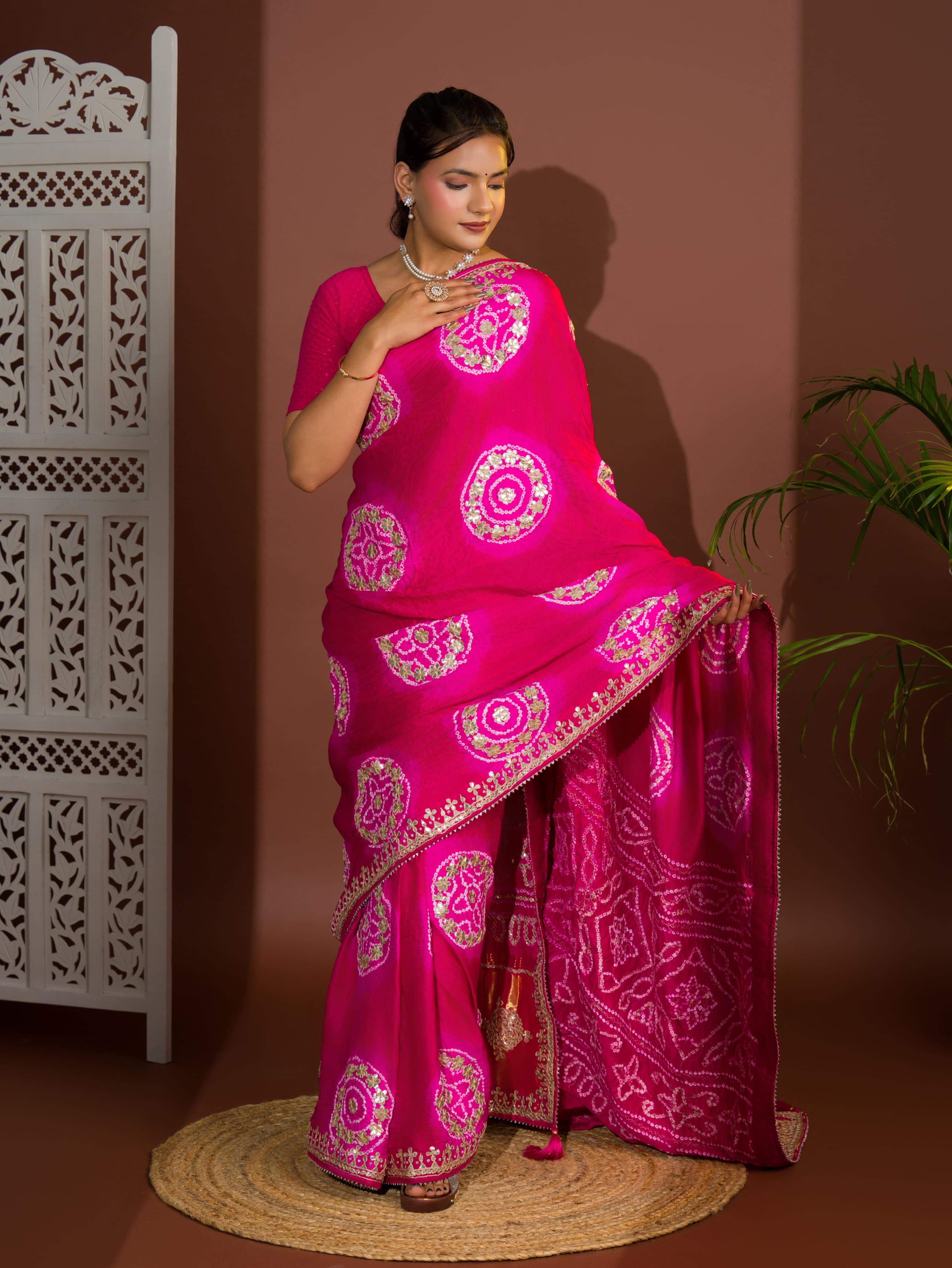 Tanmira Latest New Pure Gaji Silk Handmade Bandhej Gotapatti Laddu Bandhej Saree AMT Rani