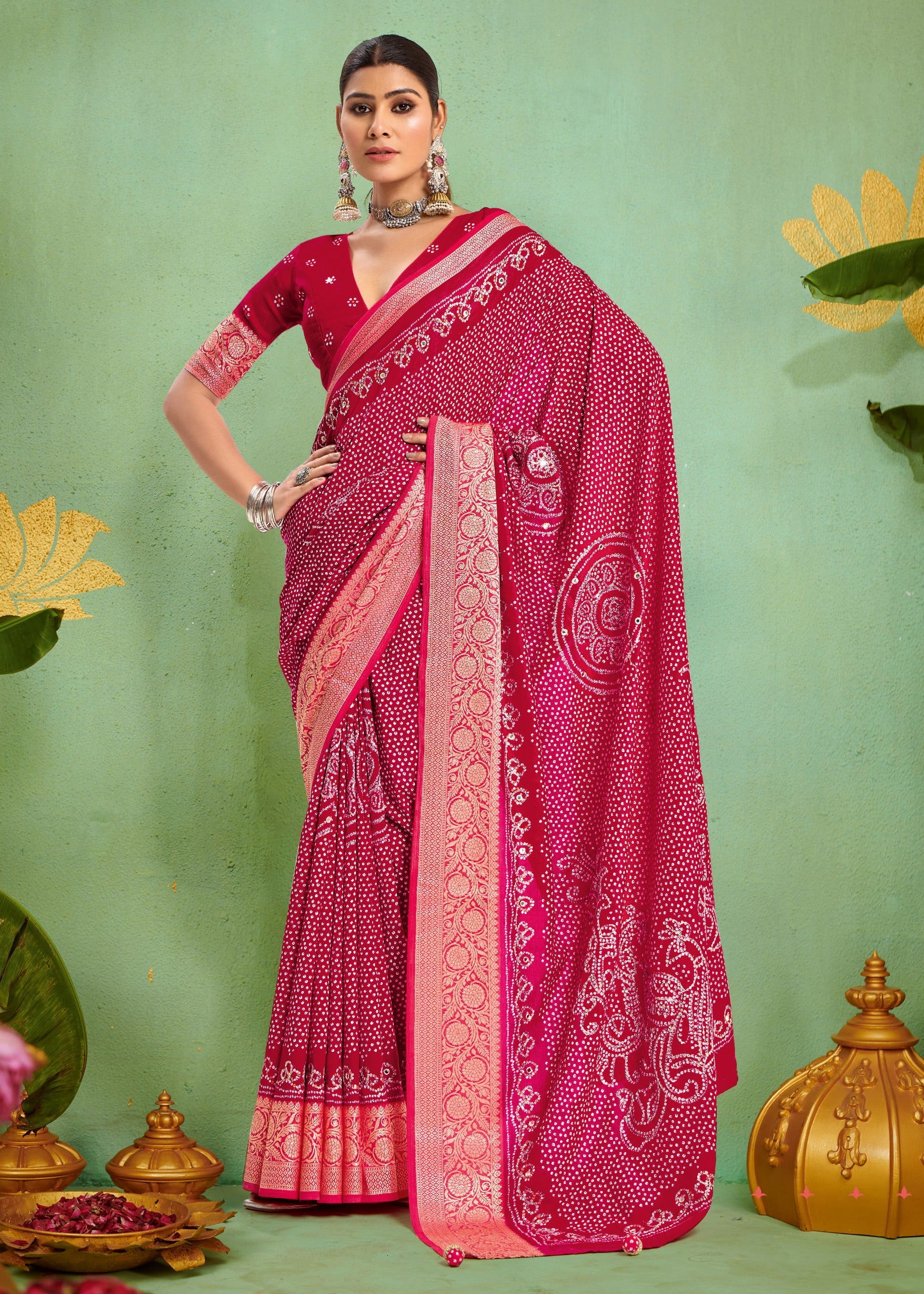Tanmira Designer Dola Silk Bandhani Print Gotapatti Aaritari work Saree  Rani GAN