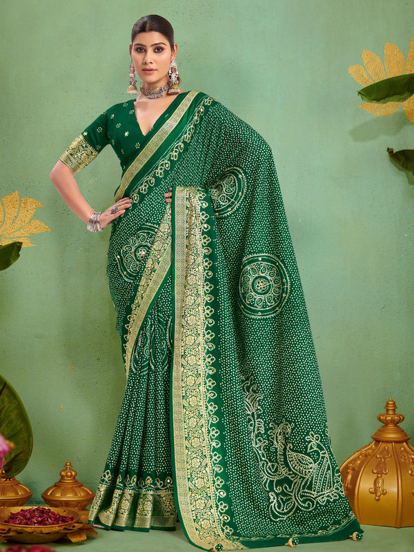 Tanmira Dola silk Bandhani Print Gotapatti Aaritari work Saree Green GAN
