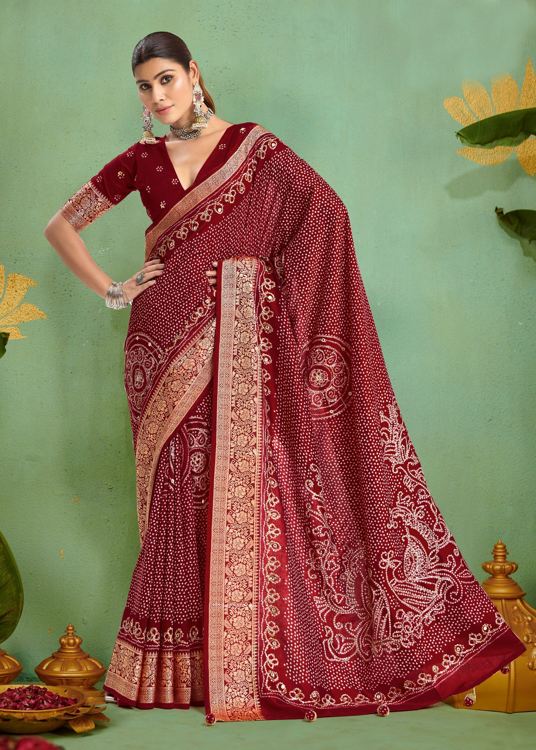 Tanmira Beautiful Dola silk Bandhani Print Gotapatti Aaritari work Saree Green GAN