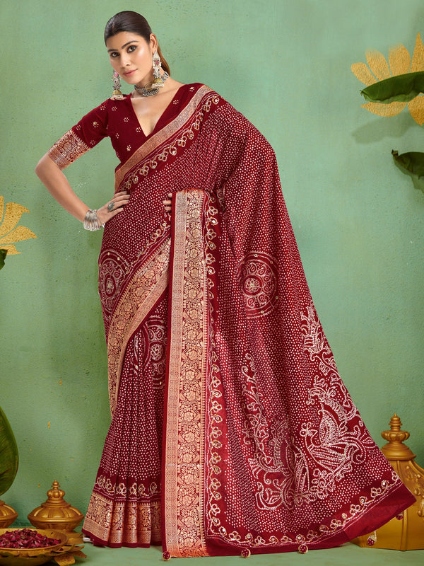 Tanmira Beautiful Dola silk Bandhani Print Gotapatti Aaritari work Saree Green GAN