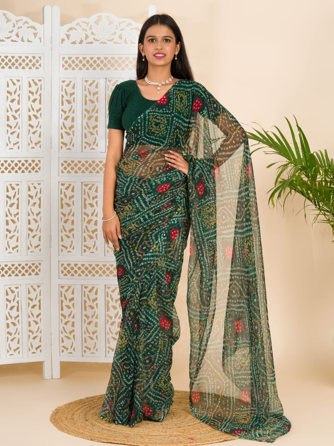 Tanmira Rajwadi Style Royal Georgette Bandhani Sarees Bottle Green