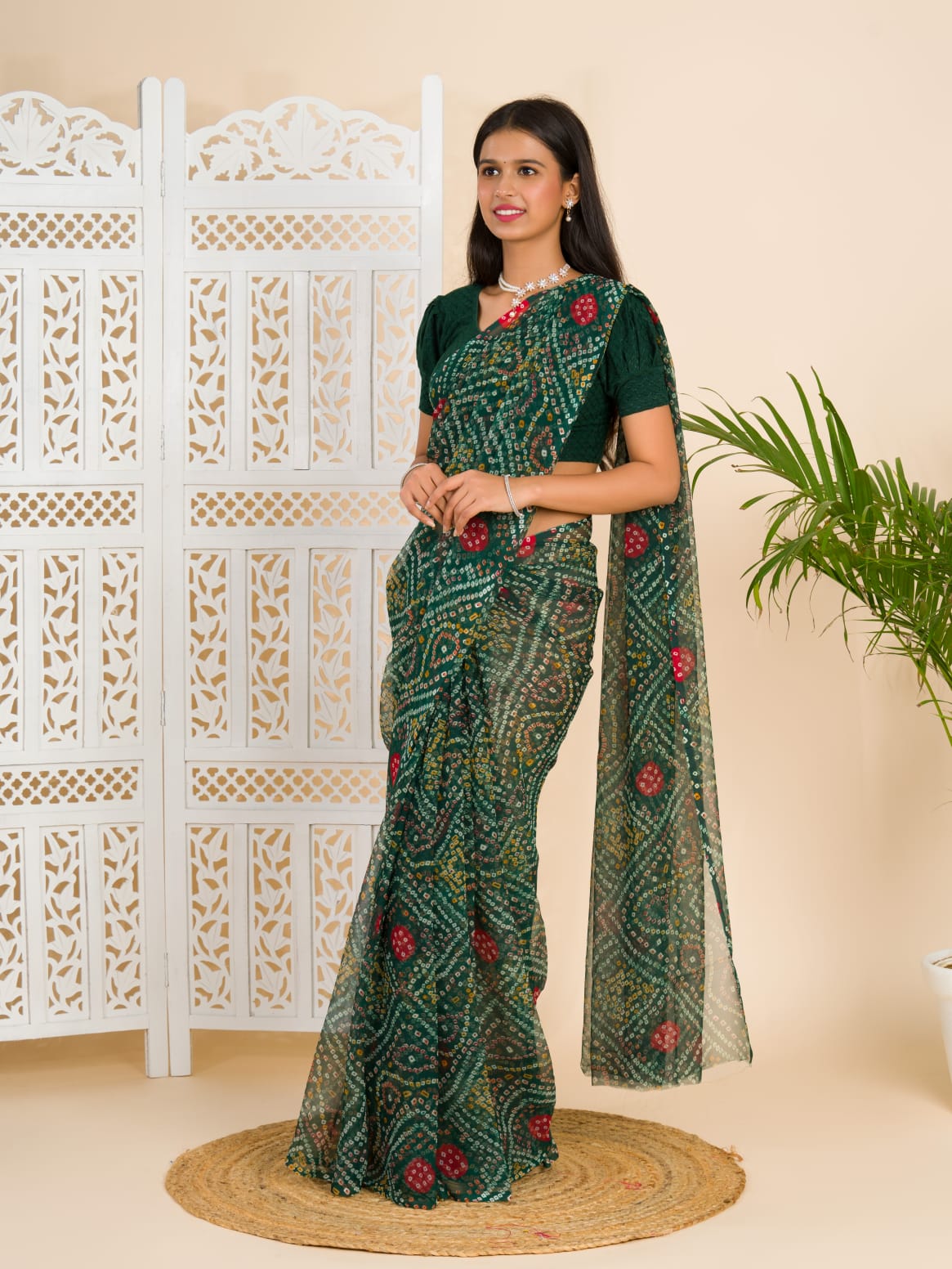 Tanmira Rajwadi Style Royal Georgette Bandhani Sarees Bottle Green