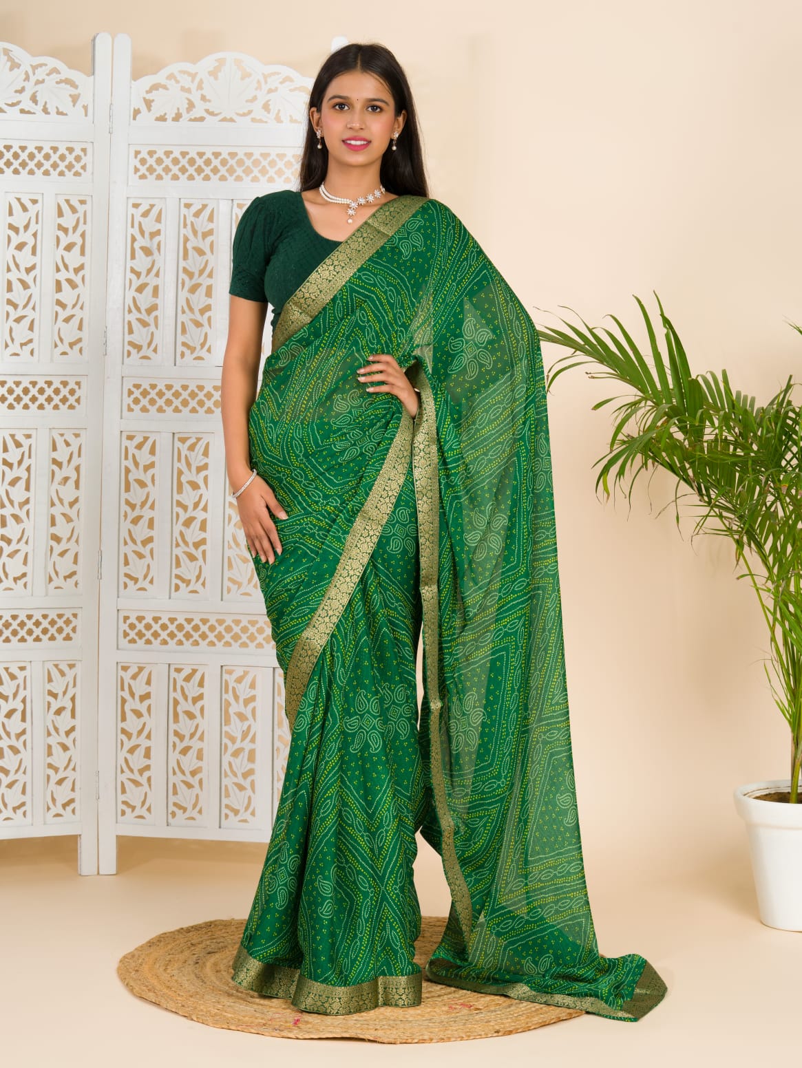 Tanmira Beautiful Moss Chiffon Georgette Bandhani Sarees  Green