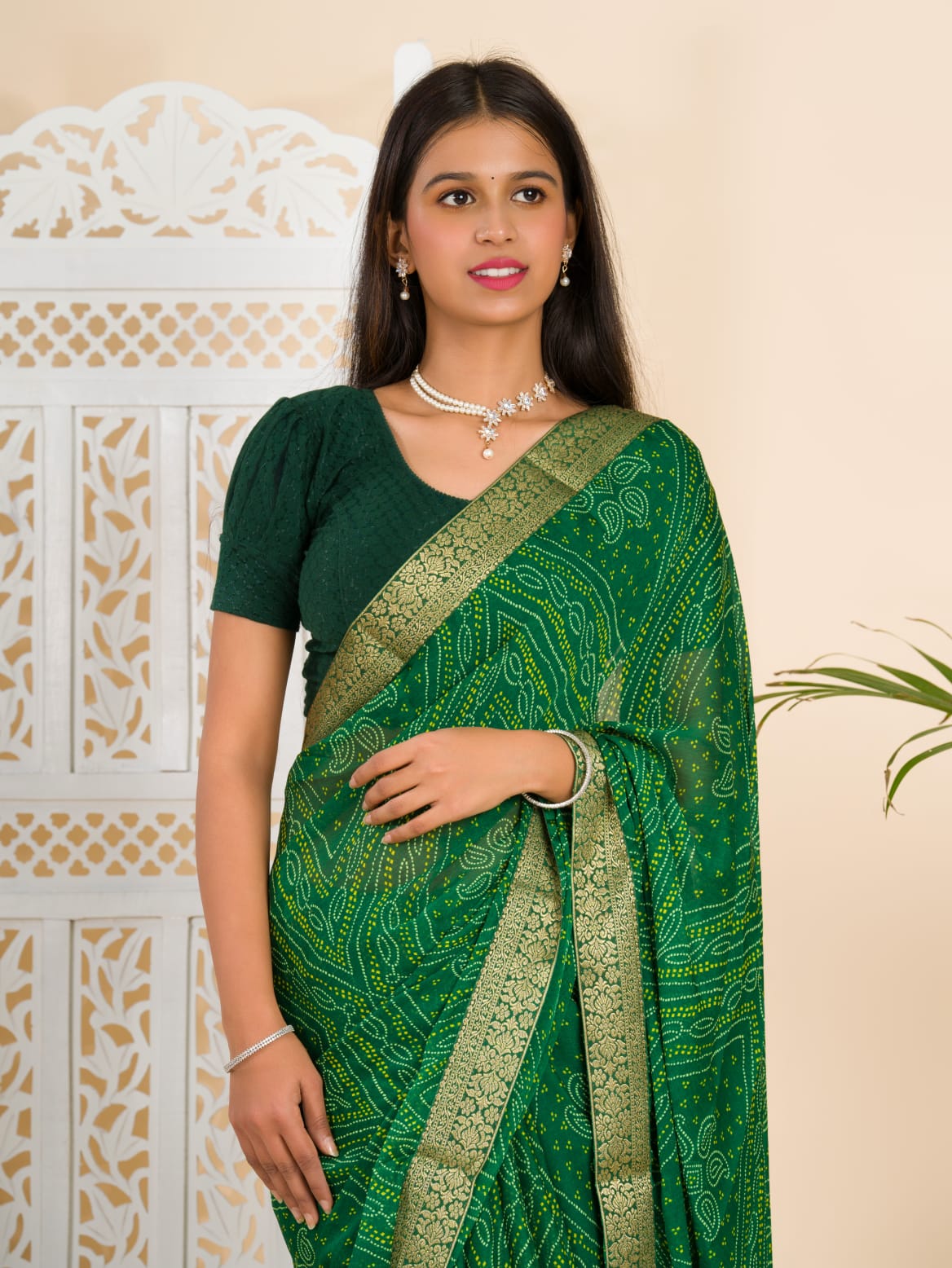 Tanmira Beautiful Moss Chiffon Georgette Bandhani Sarees  Green