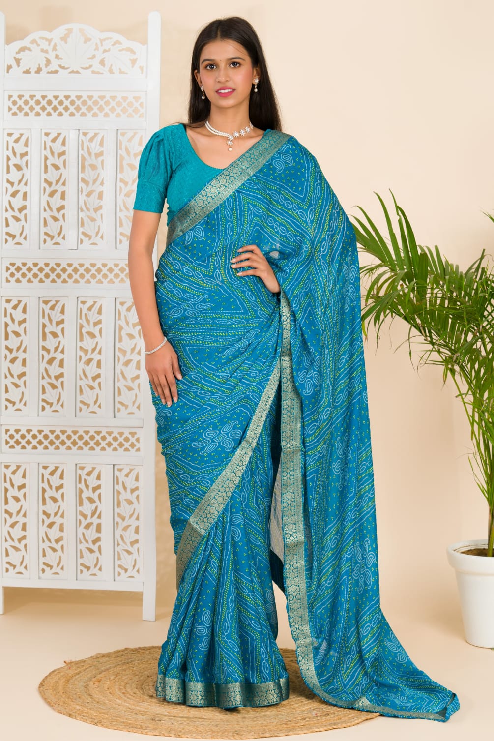 Tanmira Beautiful Moss Chiffon Georgette Bandhani Sarees  Firoji