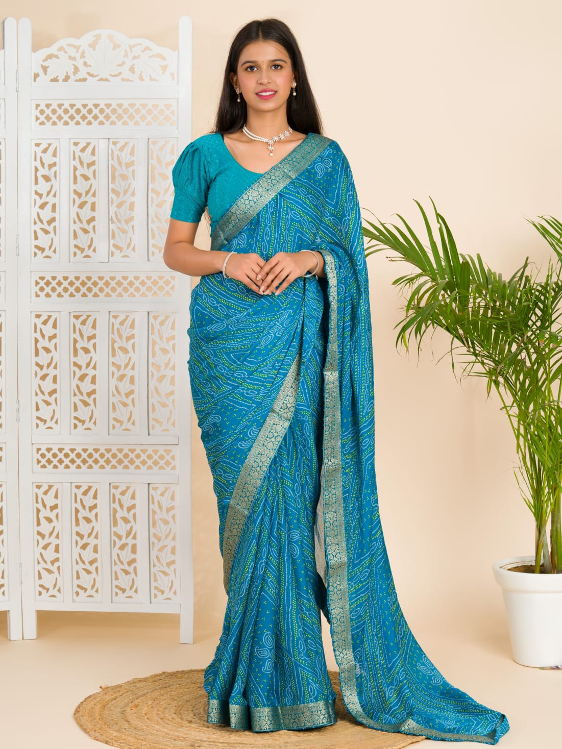 Tanmira Beautiful Moss Chiffon Georgette Bandhani Sarees  Firoji
