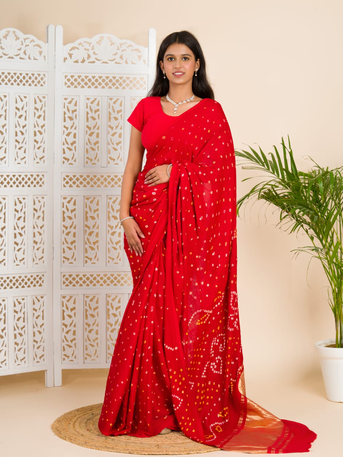 Tanmira Modal Gaji Silk Bandhani Ekdana Handmade Bandhej Saree with Lagdi Patta Pallu  RJB