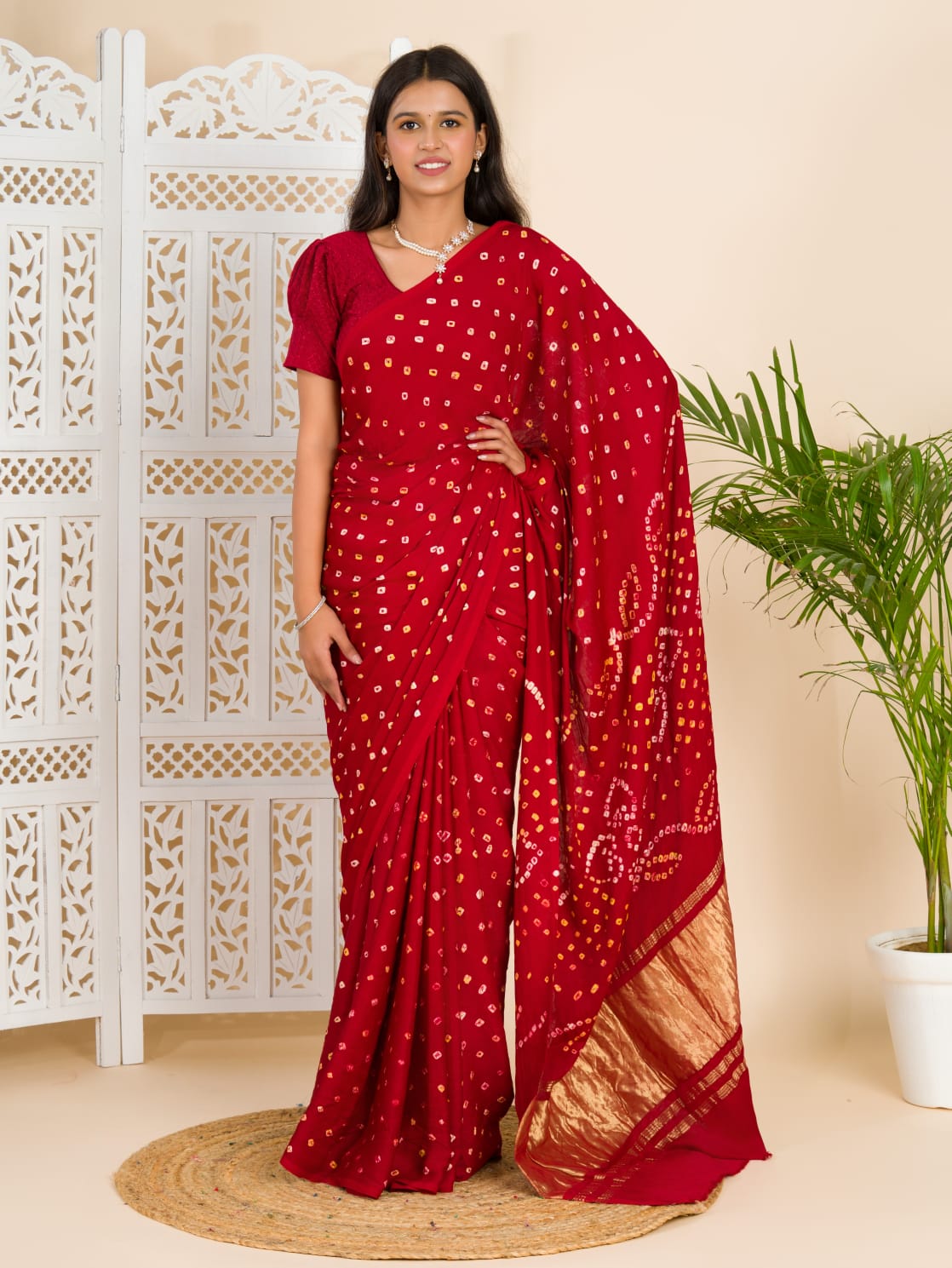 Tanmira Modal Gaji Silk Bandhani Ekdana Handmade Bandhej Saree with Lagdi Patta pallu  RJB