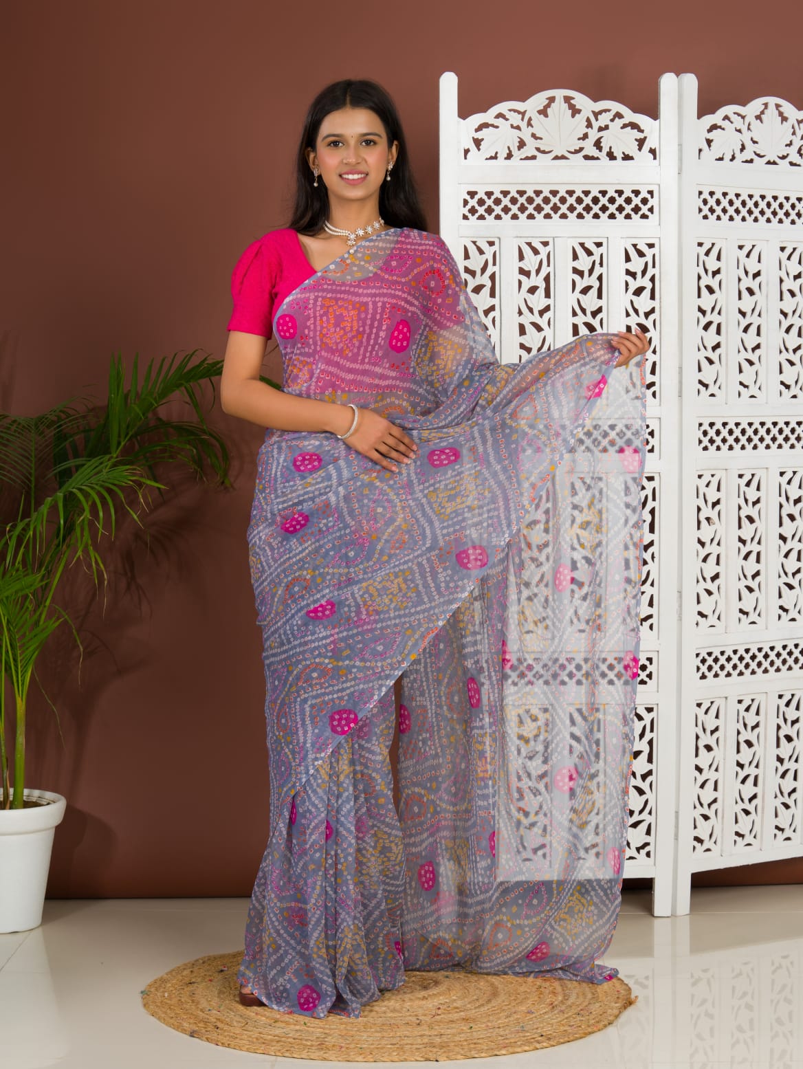 Tanmira Rajwadi Style Royal Georgette Bandhani Sarees Grey