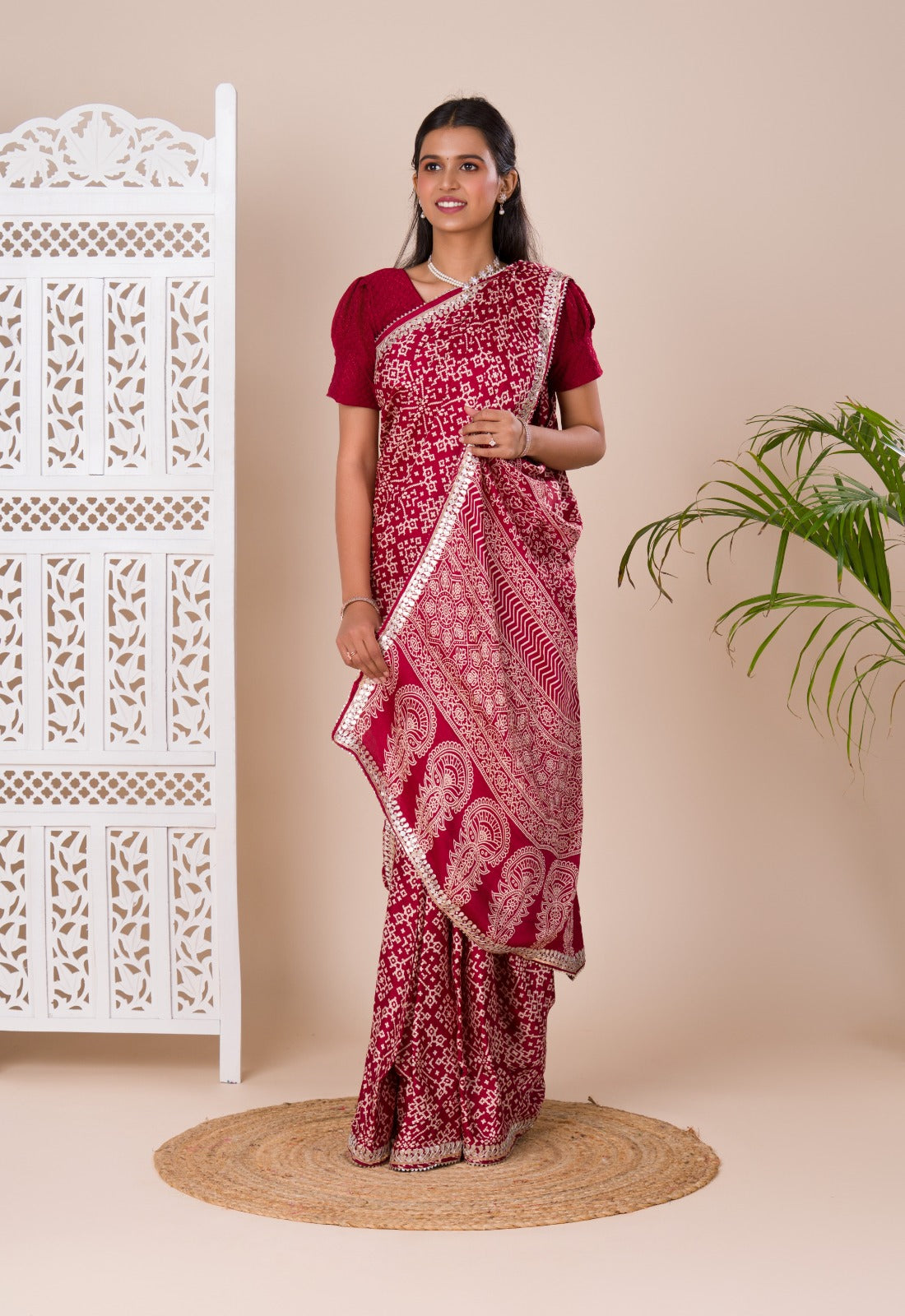 Tanmira Designer Gaji Silk Modal Ajrakh Handprint Gotapatti Work Jaipuri Saree  RG