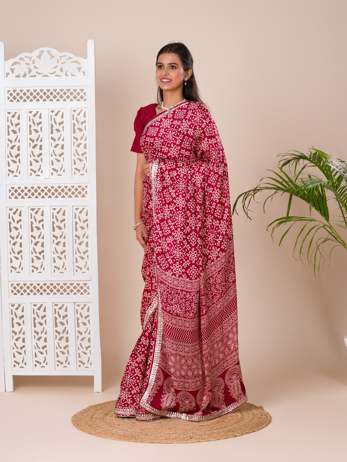 Tanmira Designer Gaji Silk Modal Ajrakh Handprint Gotapatti Work Jaipuri Saree  RG