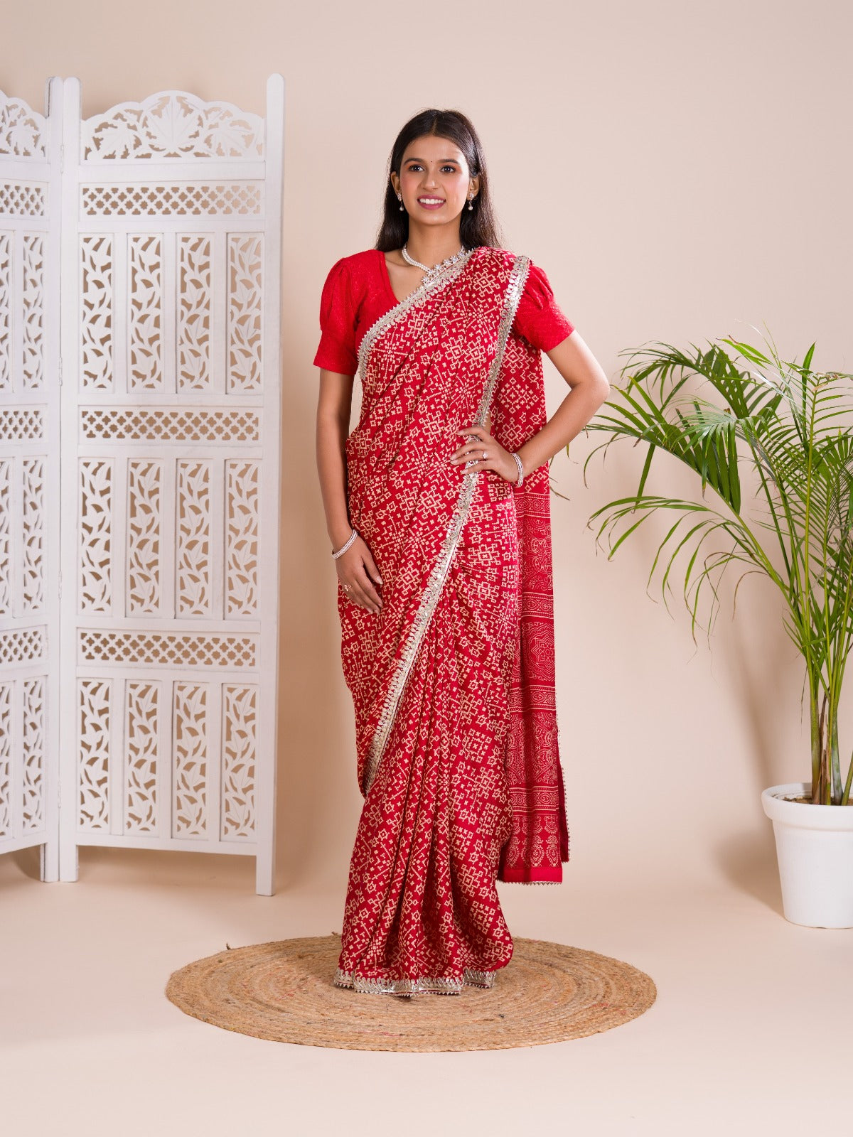 Tanmira New Launch Gaji Silk Modal Ajrakh Handprint Gotapatti Work Jaipuri Saree RG