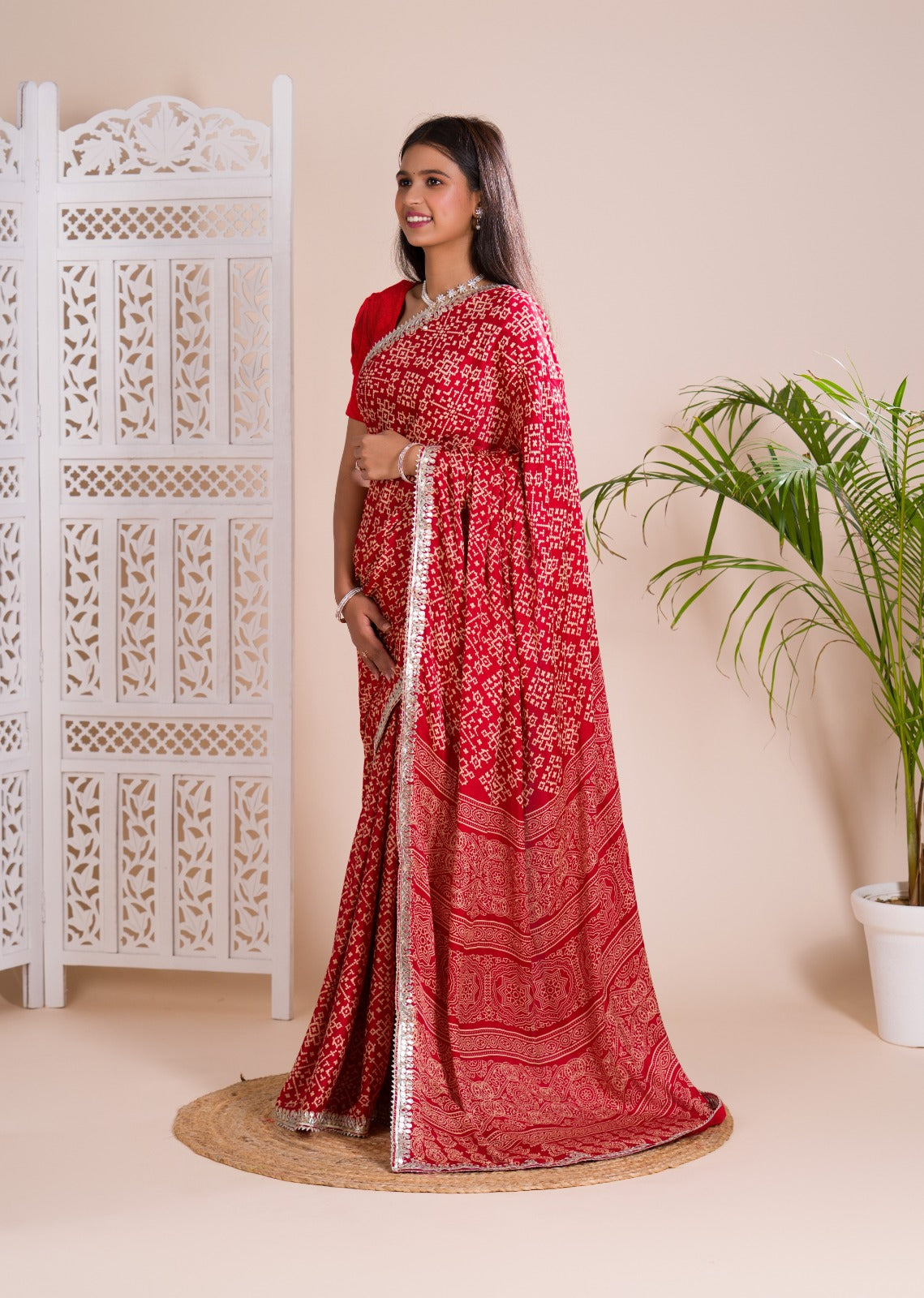 Tanmira New Launch Gaji Silk Modal Ajrakh Handprint Gotapatti Work Jaipuri Saree RG