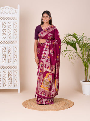  Silk Dimond Work Saree in wine colour for festival 