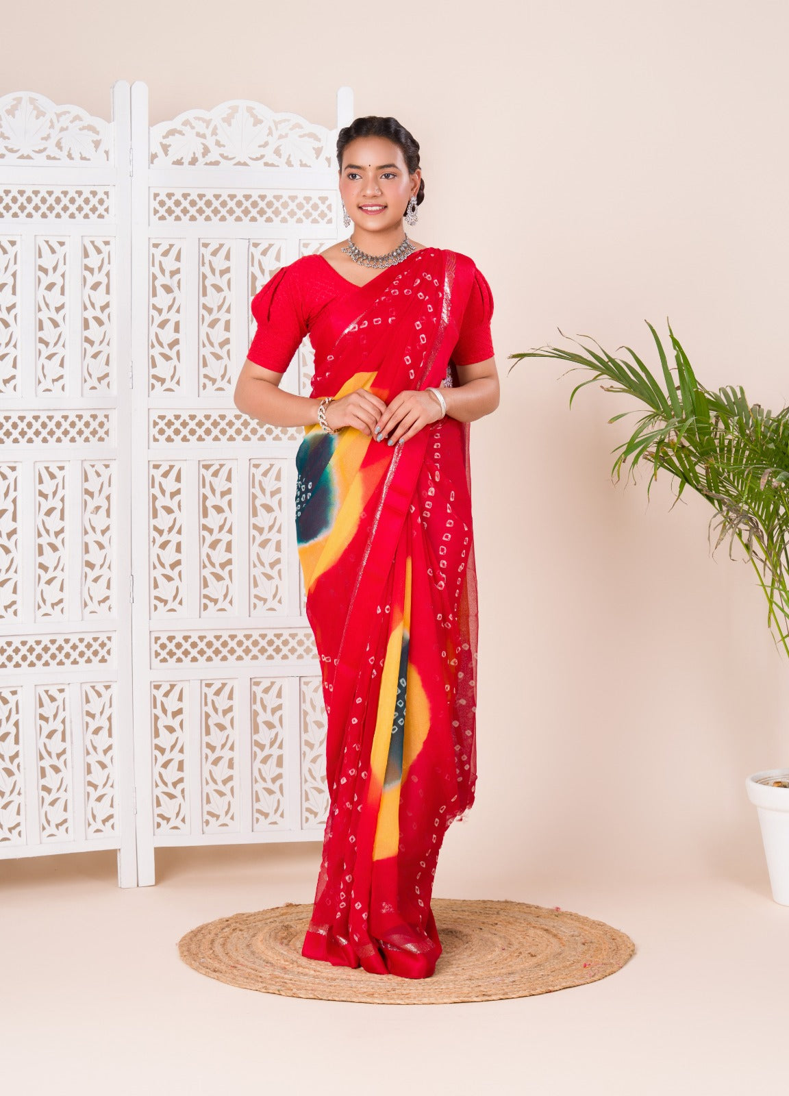 Tanmira New Pure Georgette Multi Colour Satin Patta Border Bandhni saree  LAL