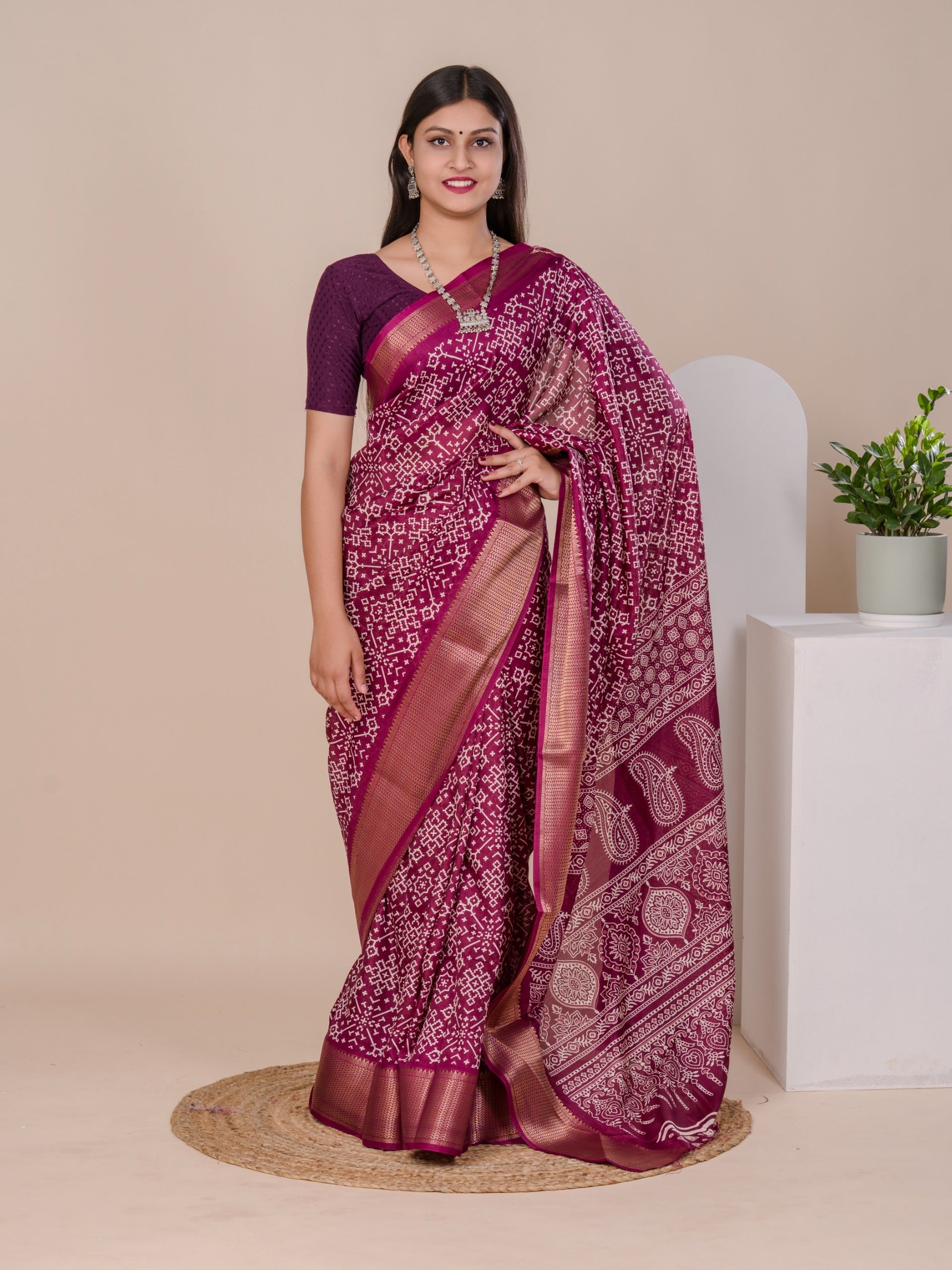 Tanmira New Launched Cotton silk Ajrakh style With Ajrakh HandPrint Work Saree STL