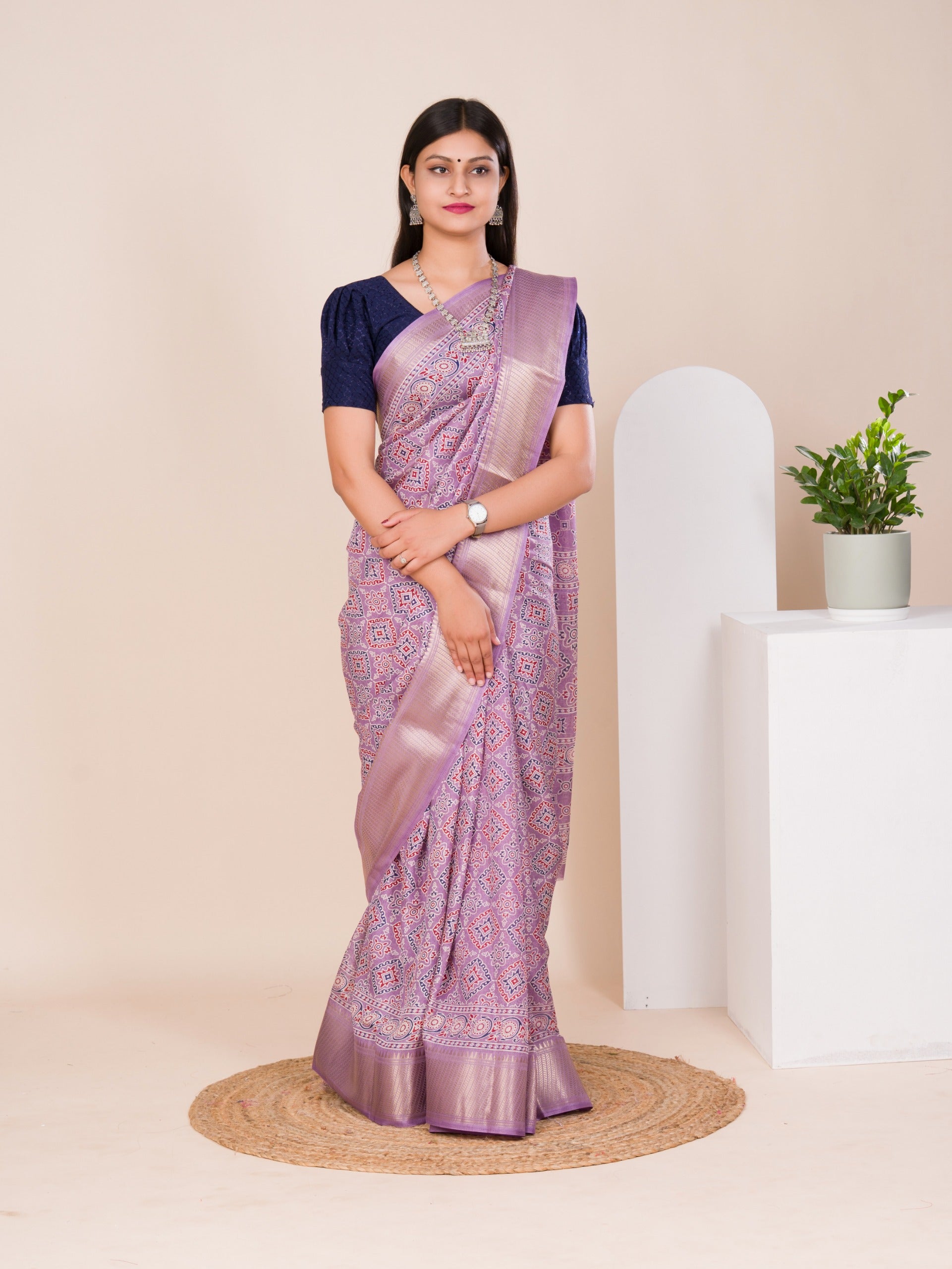 Tanmira New Launched Cotton silk Ajrakh style With Ajrakh HandPrint Work Saree STL