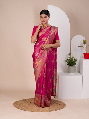 A pink Banarasi style saree with Meenakari weaving, 