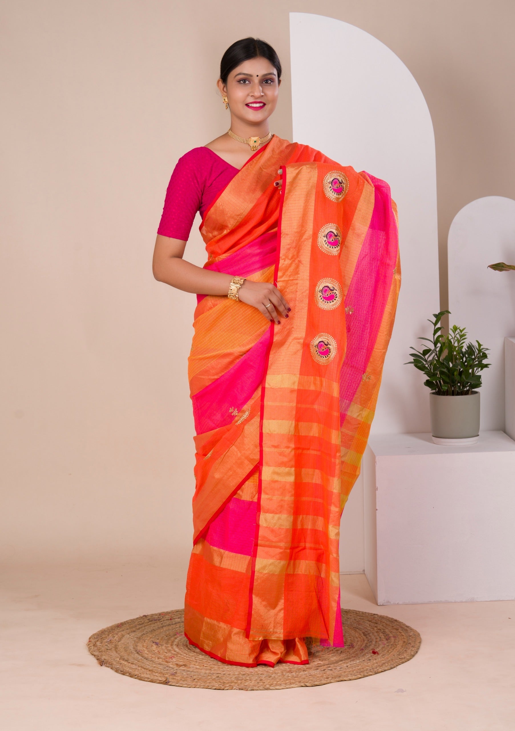 Tanmira Pure Doria with zari design peacock design saree  Rani Orange