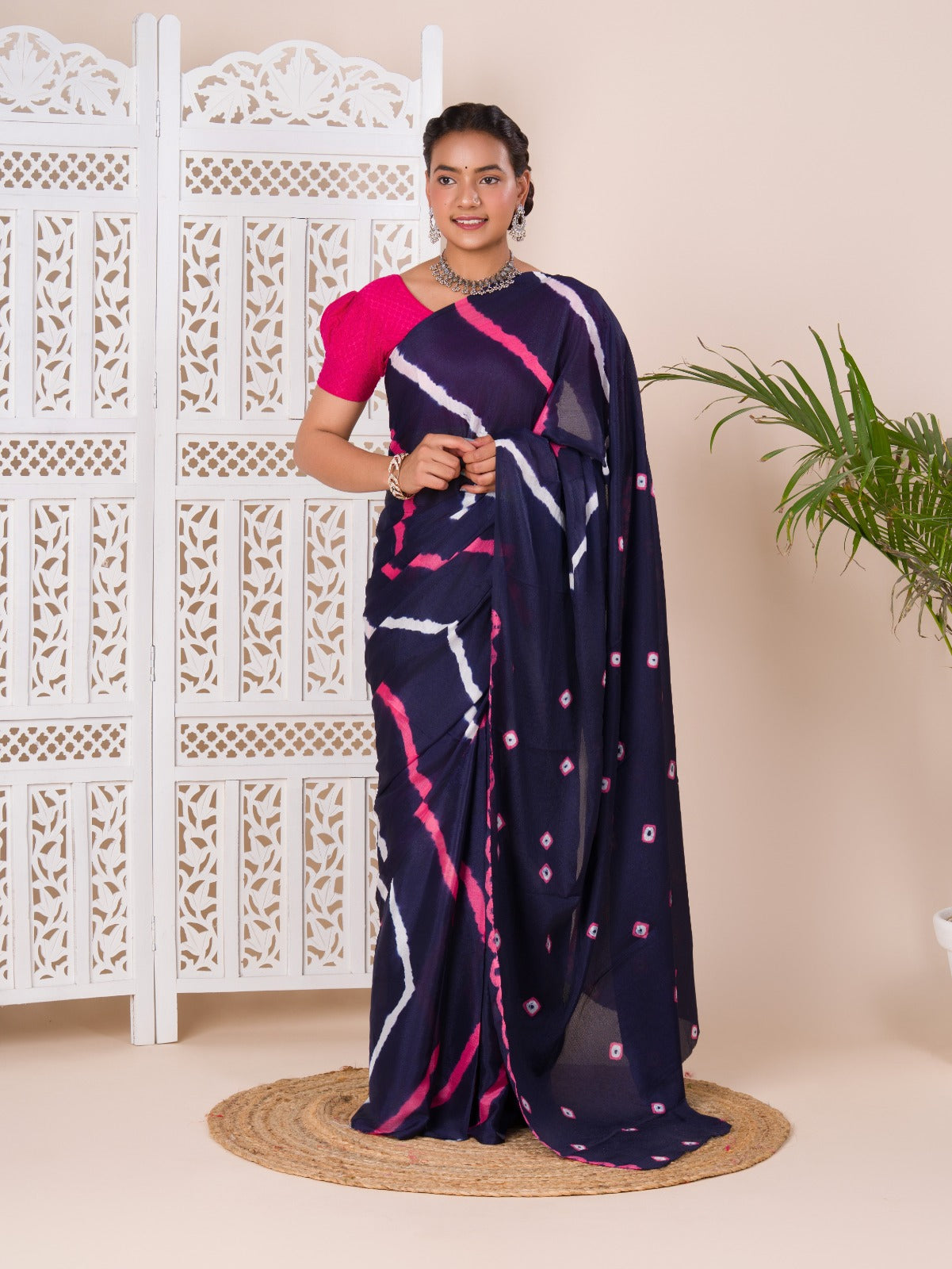 Tanmira Latest Jaipuri Traditional Chinon  Bandhani Saree  Navy Blue