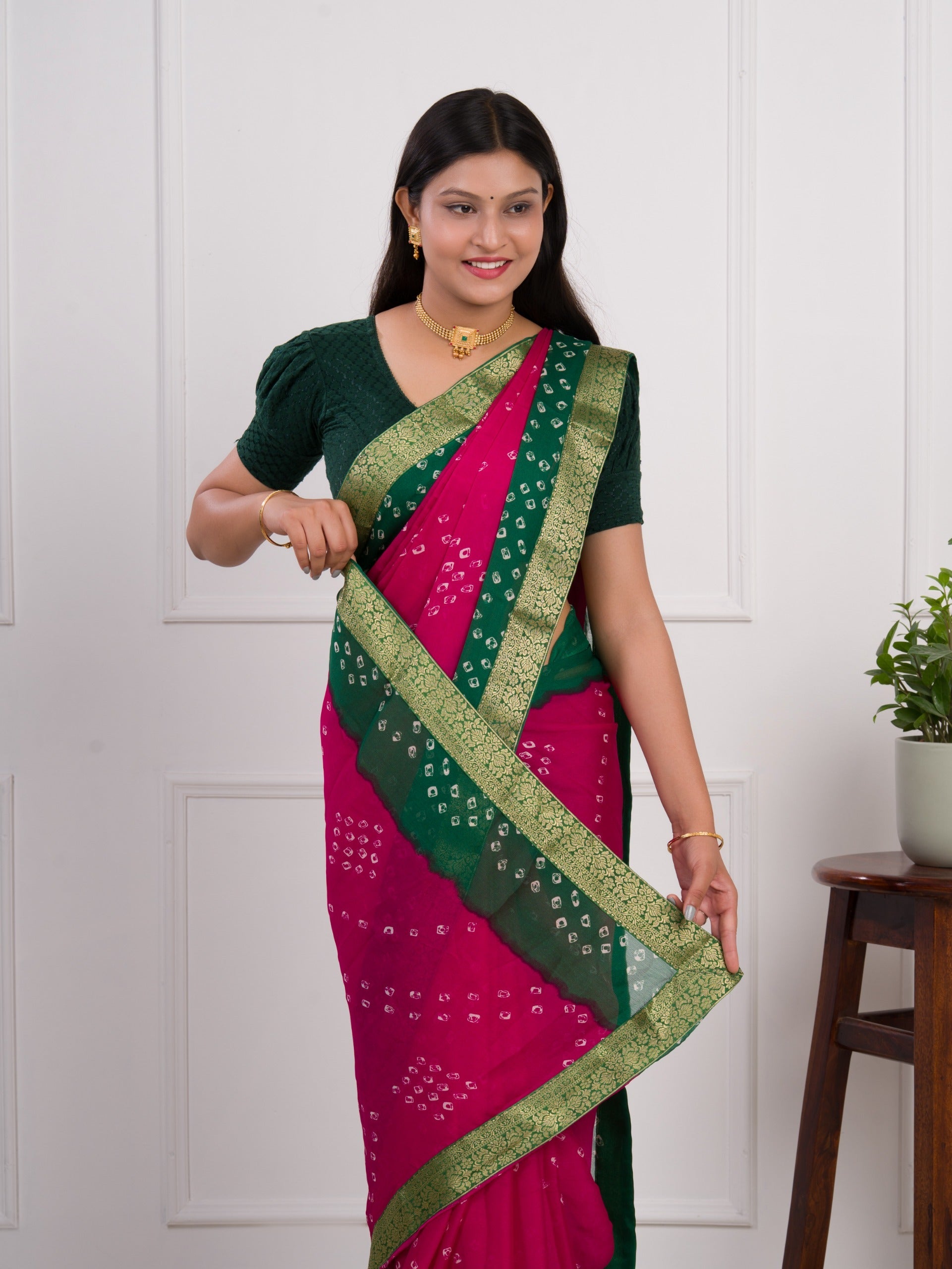Tanmira New Moss Chiffon Georgette Bandhani Sarees  Rani Green