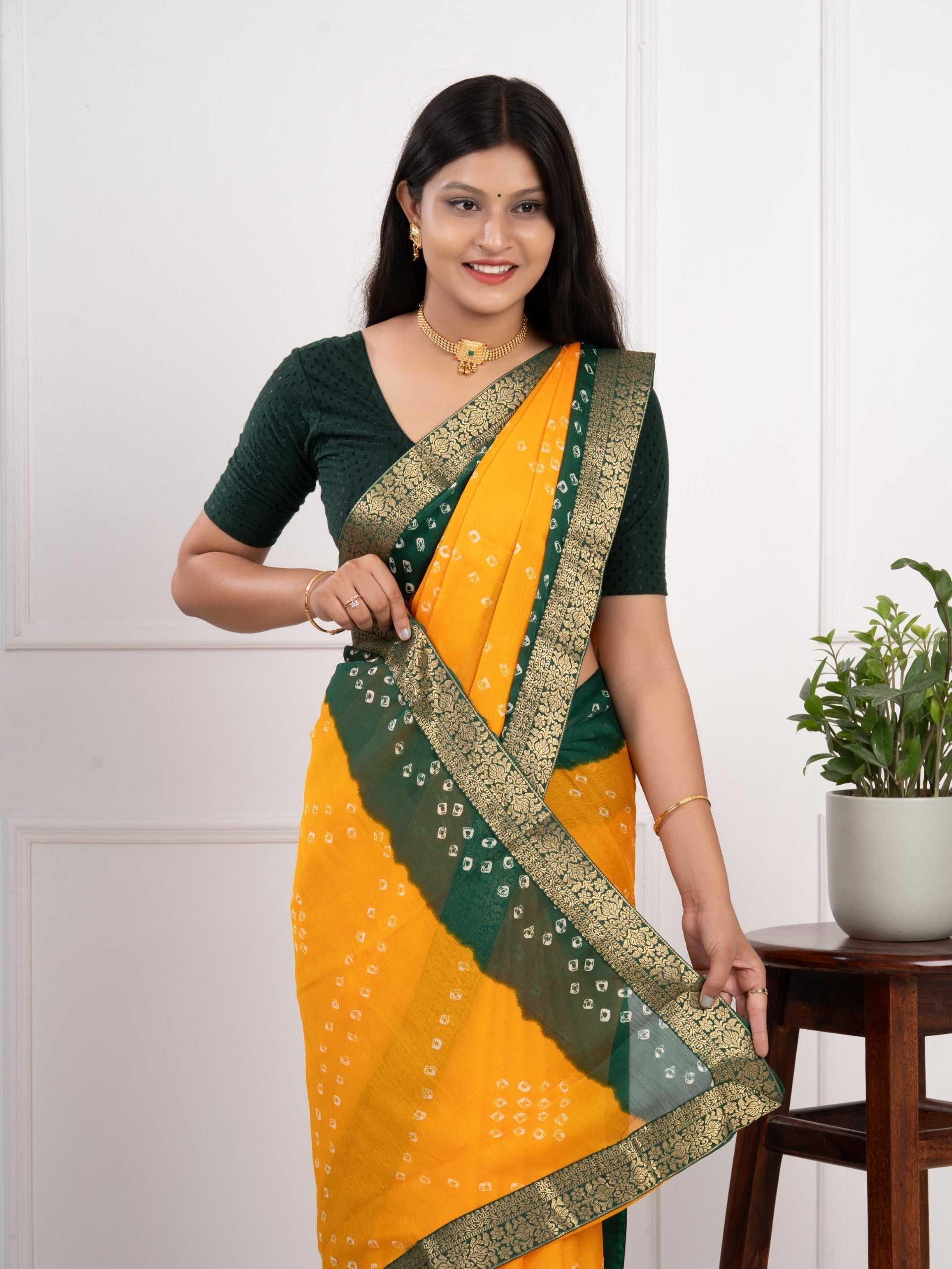 Tanmira New Launch Moss Chiffon Georgette Bandhani Sarees Yellow Green