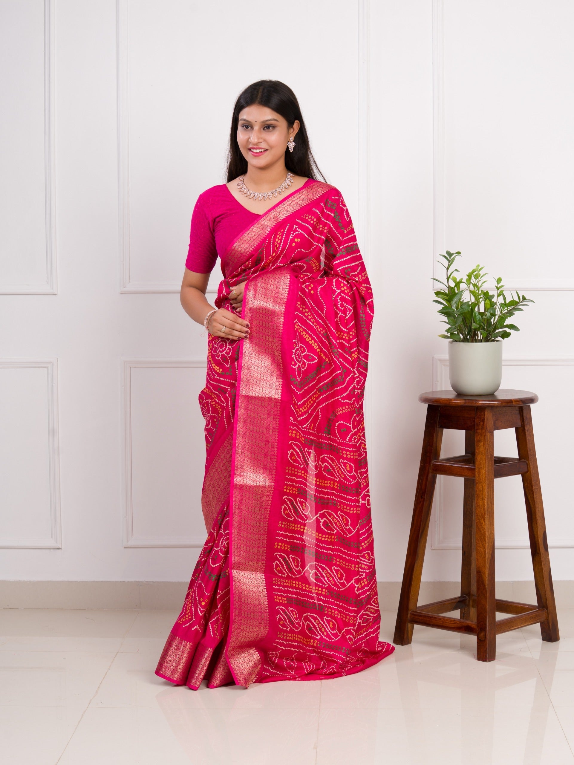  Cotton Silk Bandhani Style With Zari Border Work Saree  in pink colour
