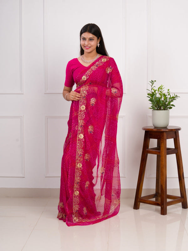 Tanmira latest Royal Pink Bandhani Georgette Saree with Golden Embellishments JAY