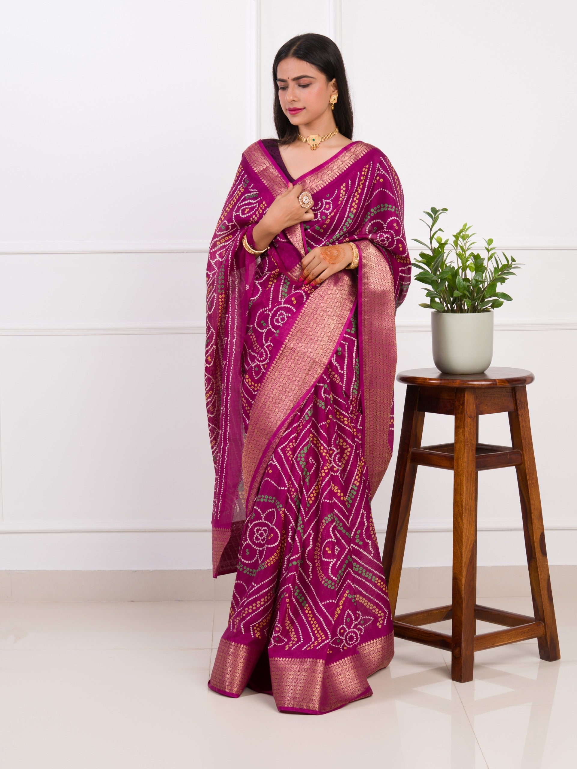 Tanmira New BeautifulCotton Silk Bandhani Style With Zari Border Work Saree  STL
