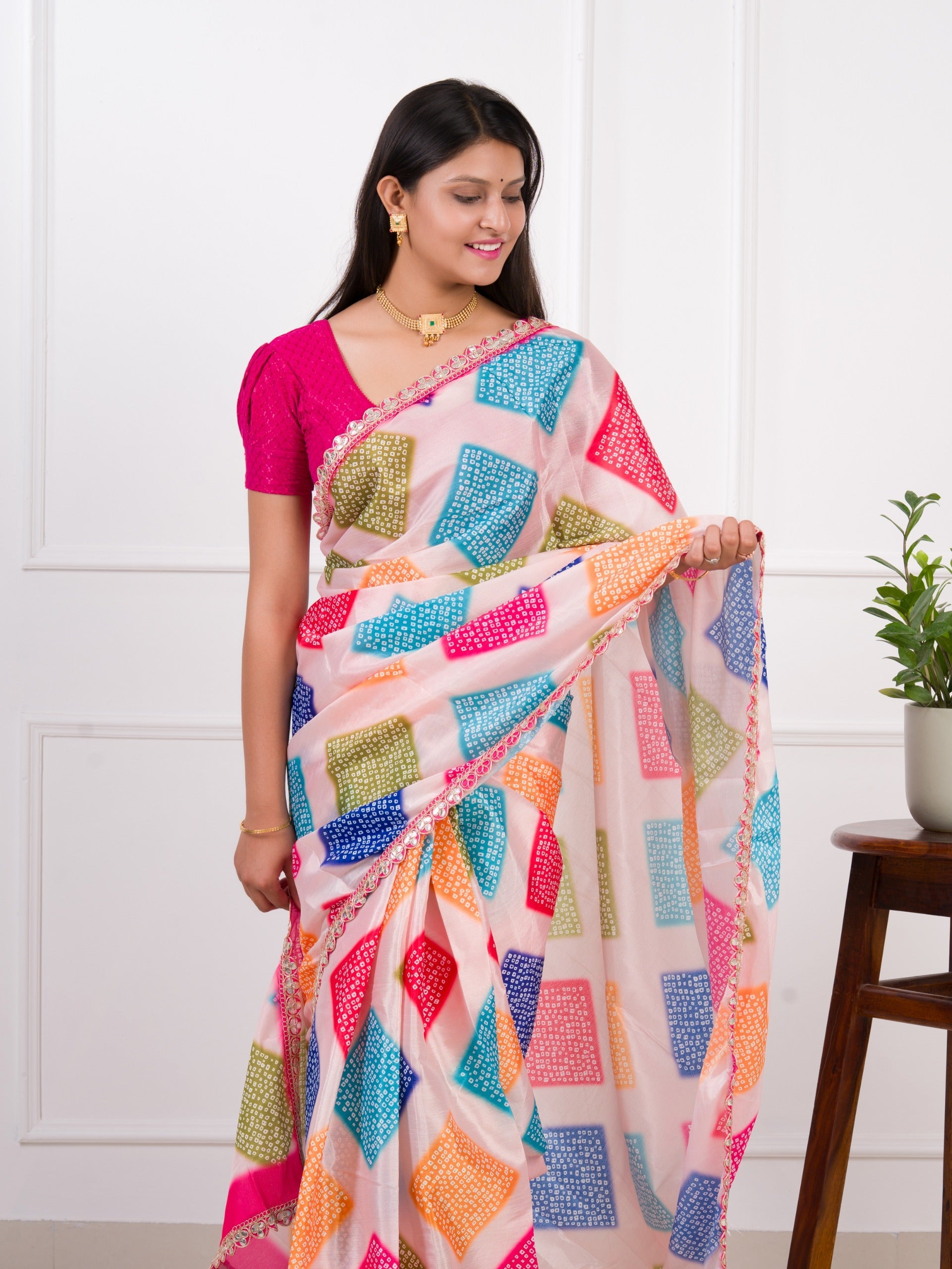 Tanmira New Creap silk Bandhani Style With Gotapatti border work Saree SWA