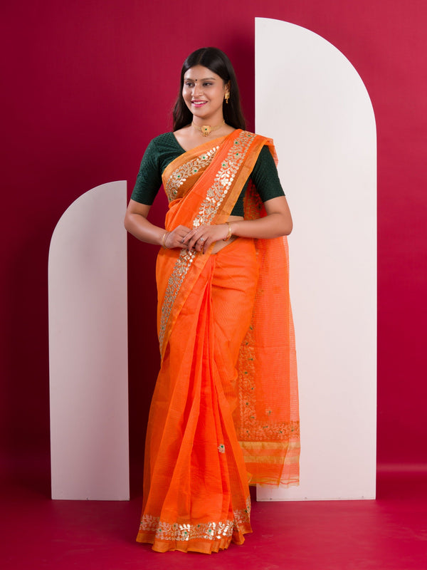 Tanmira Pure Kota doria cotton with Gota patti work saree Orange