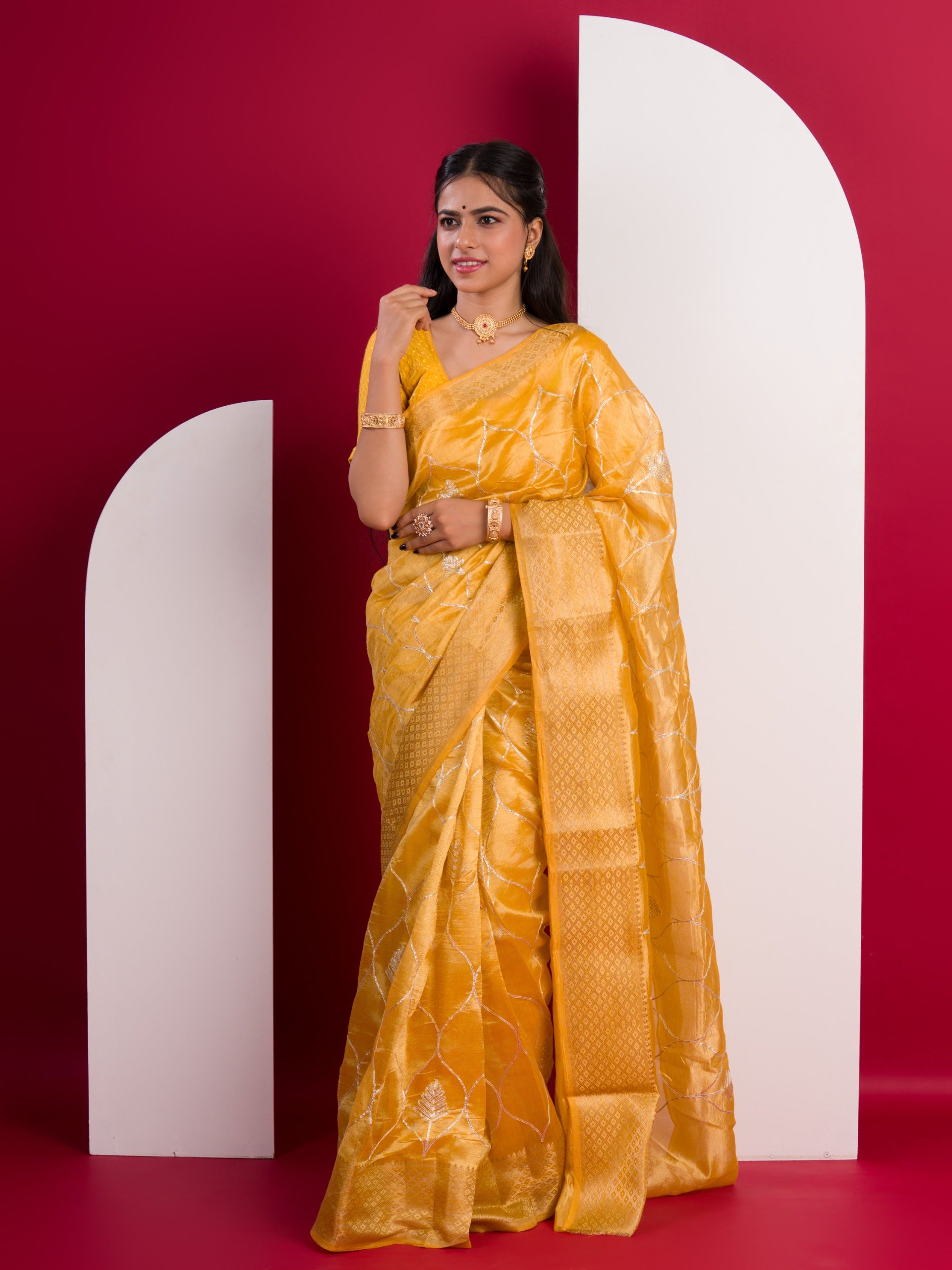 Tanmira New Cotton Silk Gotapatti Work Saree  Yellow