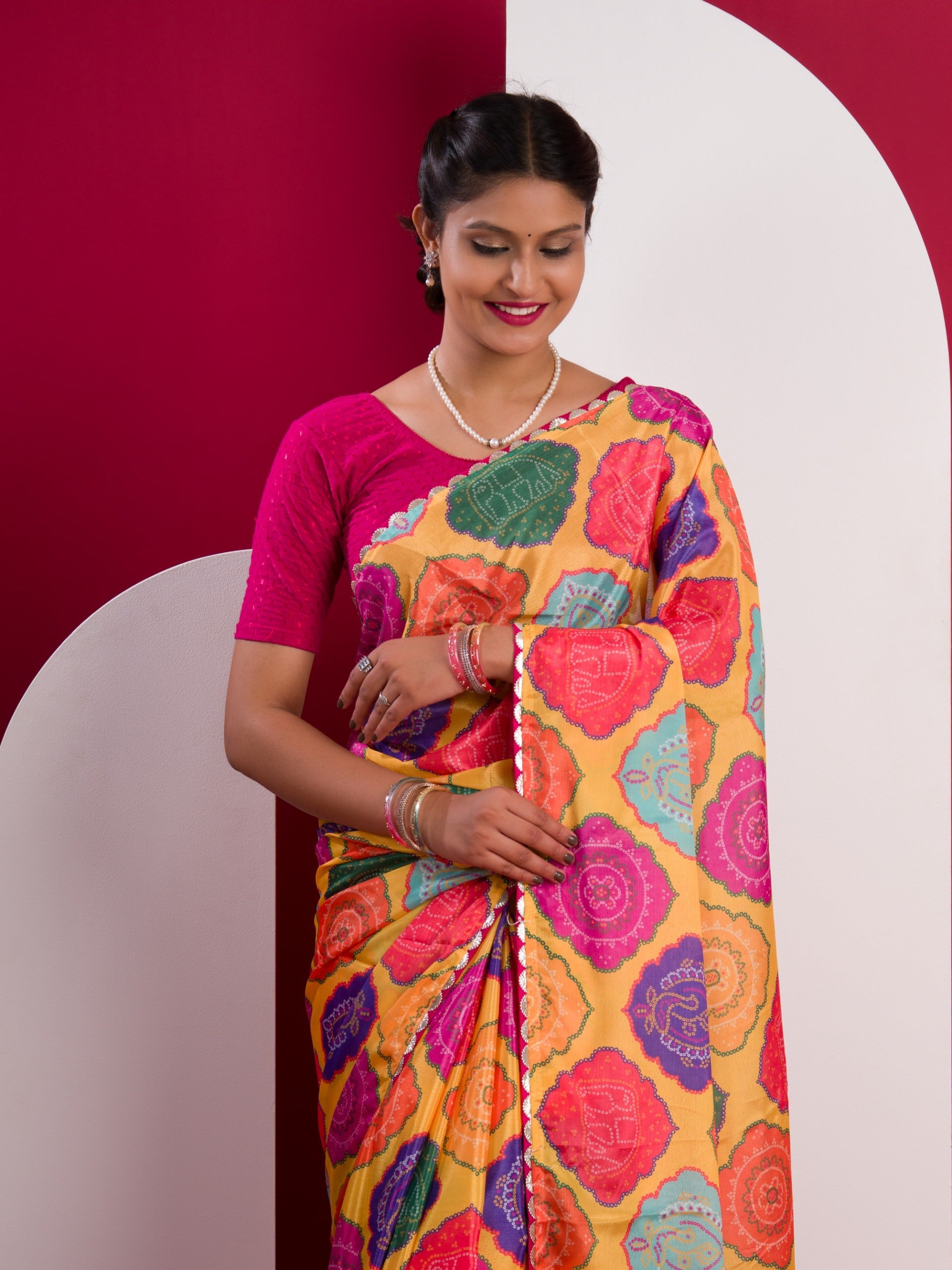 Tanmira New Arrival Crape Bandhani Multicolor Saree with Gotapatti Border