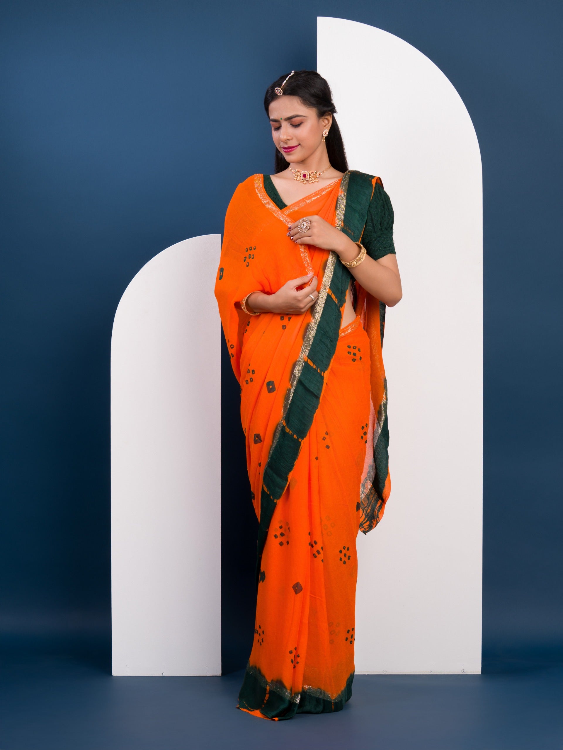 Tanmira New Launch Pure Georgette Gulti Bandhej Satin Patta Border Saree  RTK
