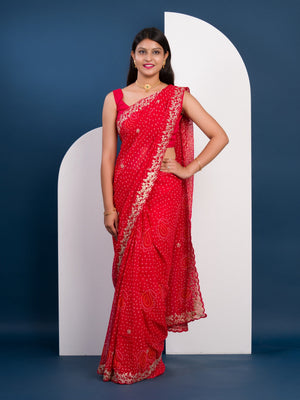 Handmade Pitta Aari Work saree in red colour