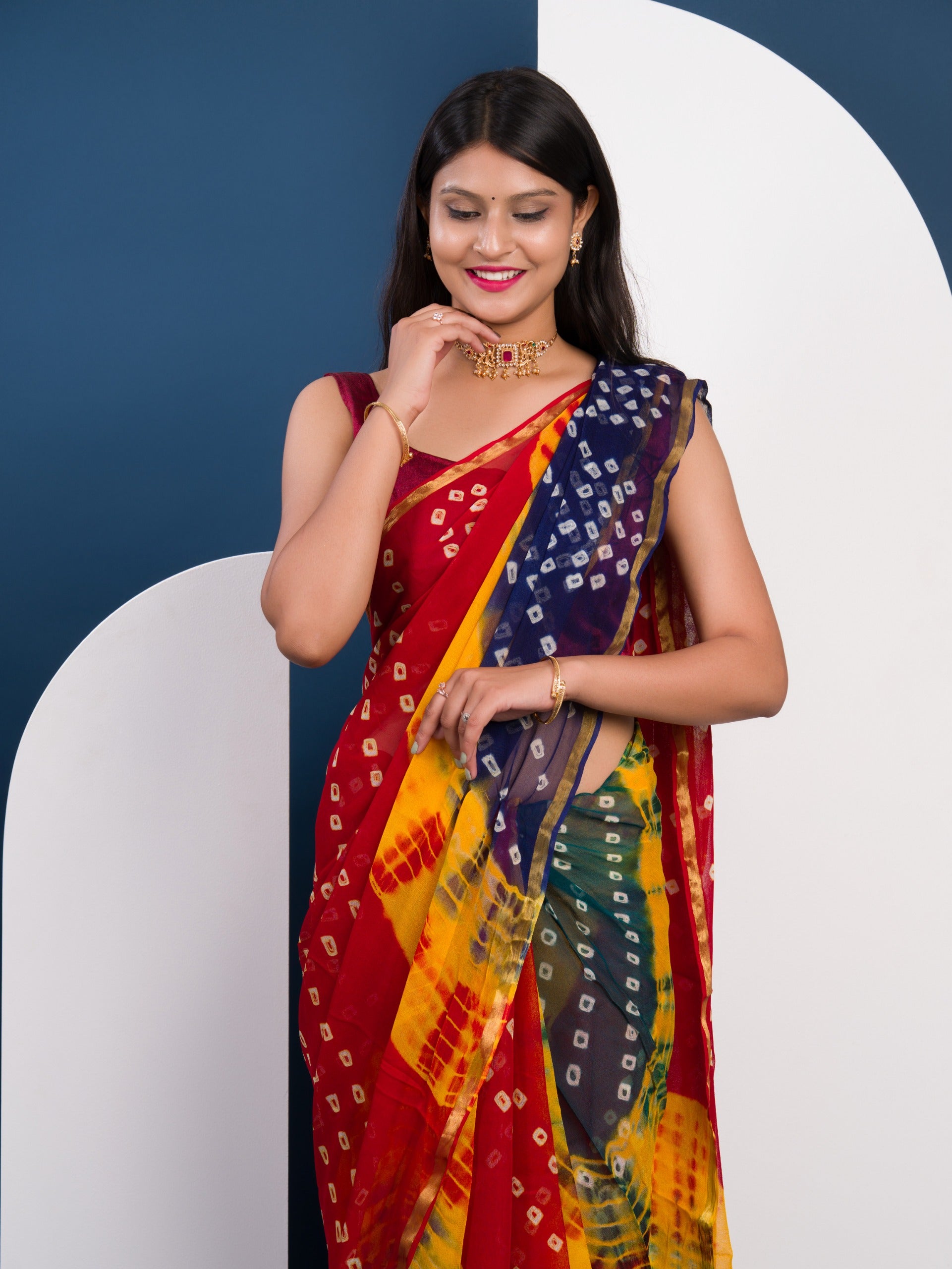 Tanmira New Pure Georgette Multi Colour Shibori Print Bandhni saree Kar